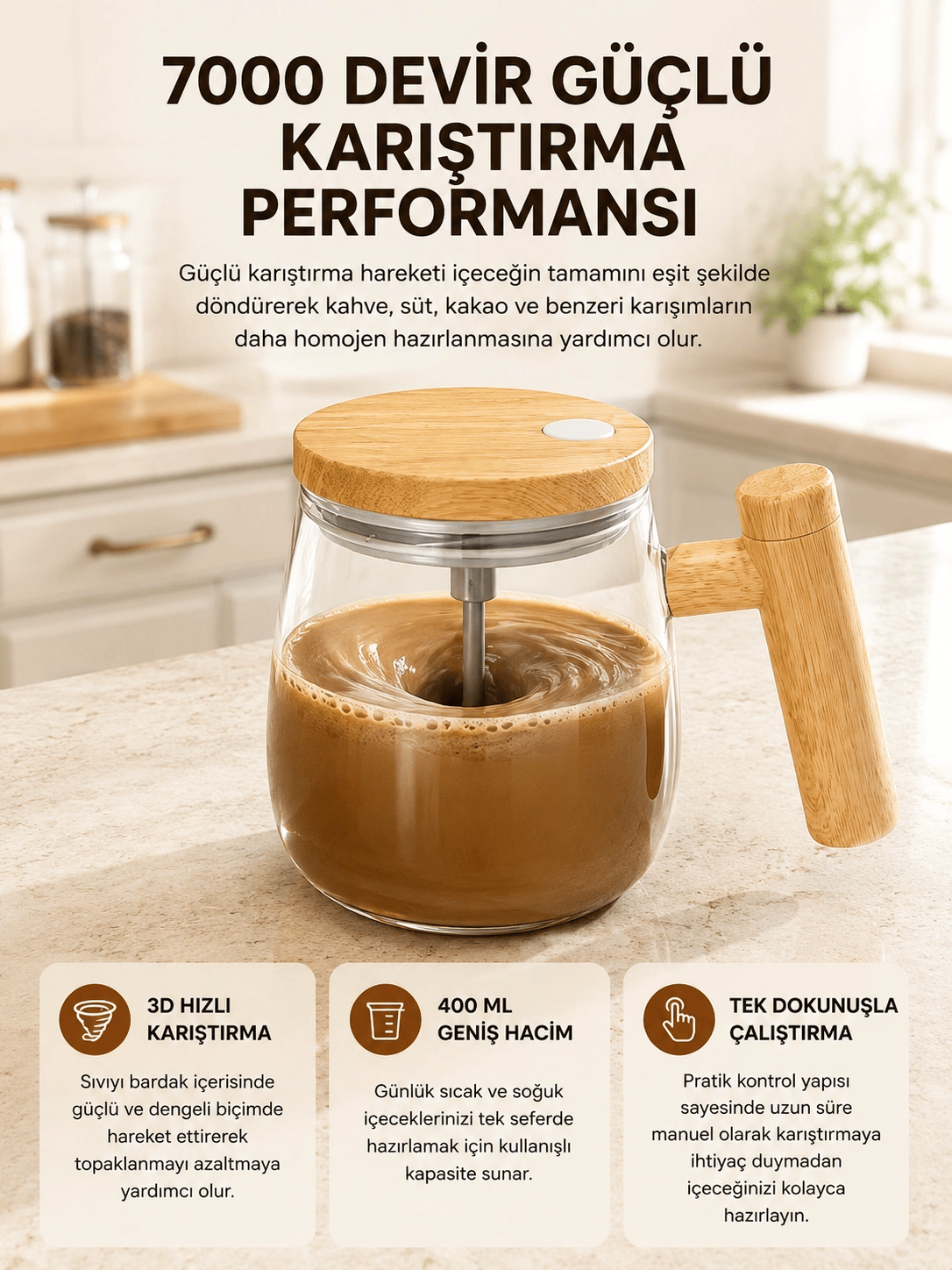 Manyetik Karıştırıcı Kupa – 400 ml, C Tipi Şarjlı, Akıllı Tasarım Yeni Nesil