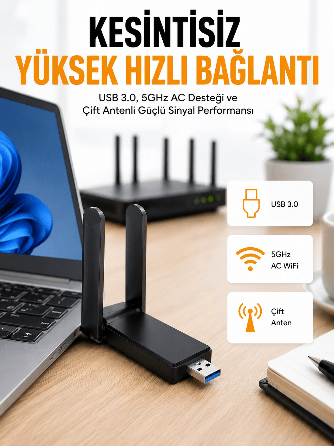 Mbps Wifi Alıcı Kablosuz Wifi Adaptörü Çift Band Çift Antenli Yeni Nesil