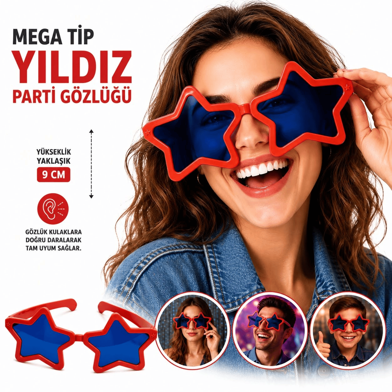 Mega Tip Yıldız Parti Gözlüğü Kırmızı Renk Bx40