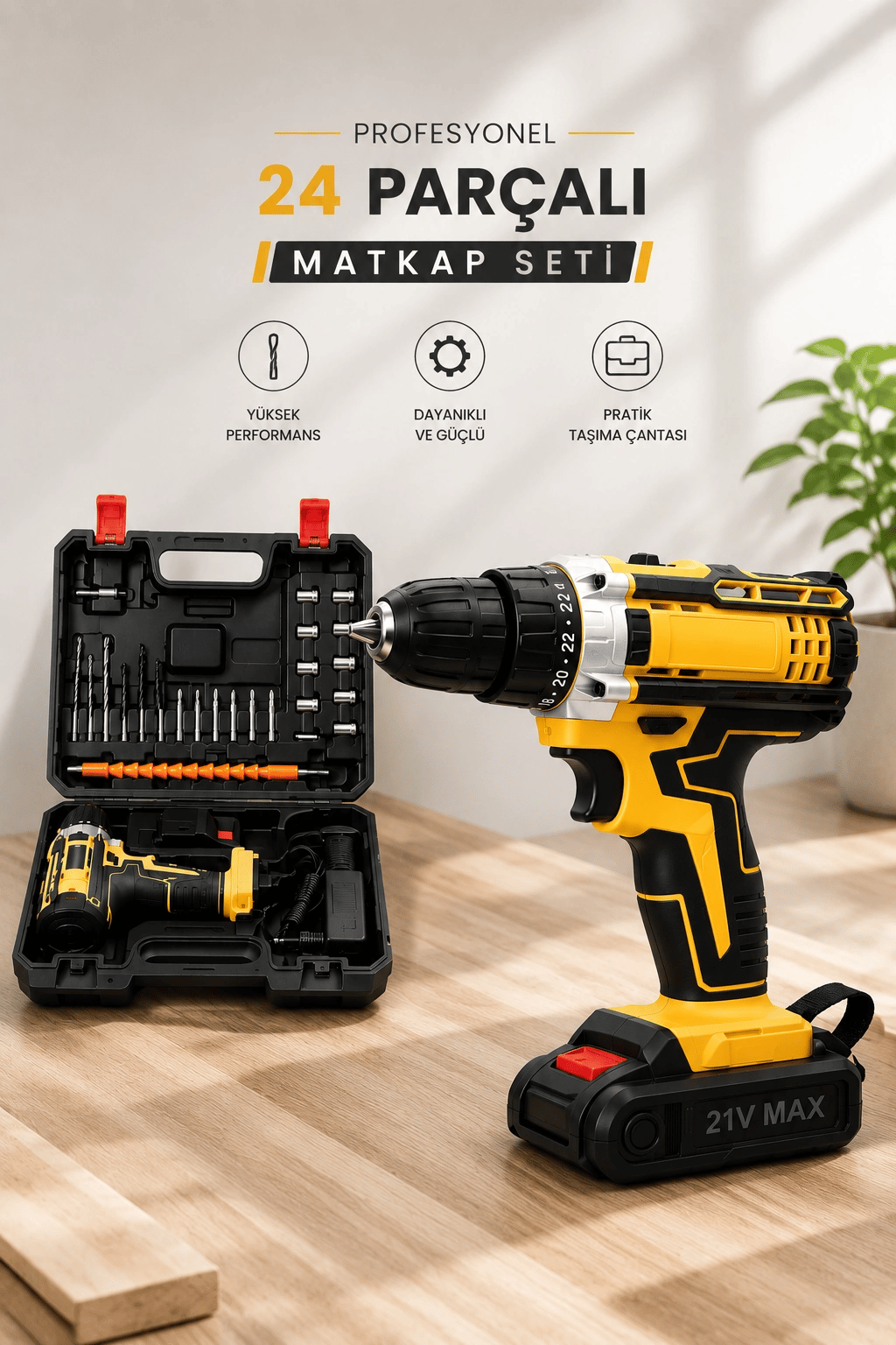 Metal Dişli 24W Akülü Matkap -Çift Bataryalı ve LED Çalışma Işığı ile Tam Set