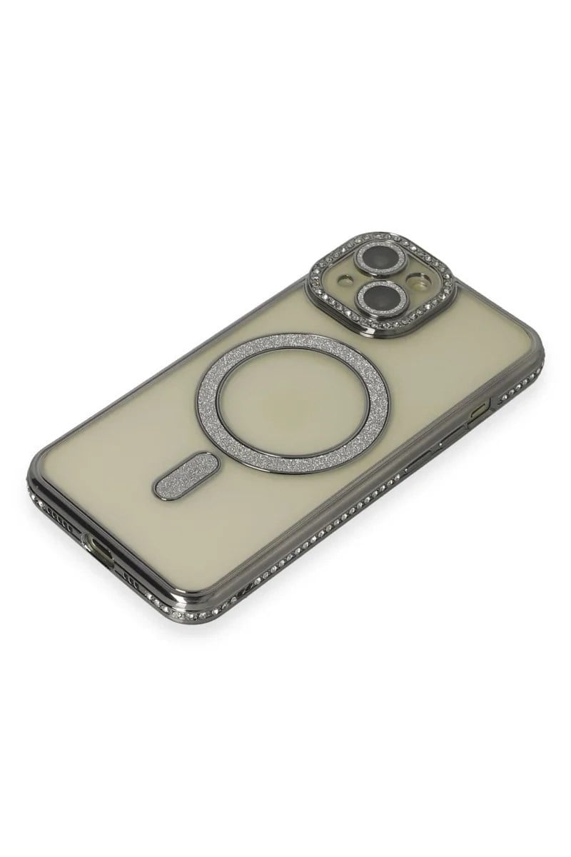 Mey İthalat®   iPhone 15 Kılıf Joke Simli Magneticsafe Kılıf - Gri