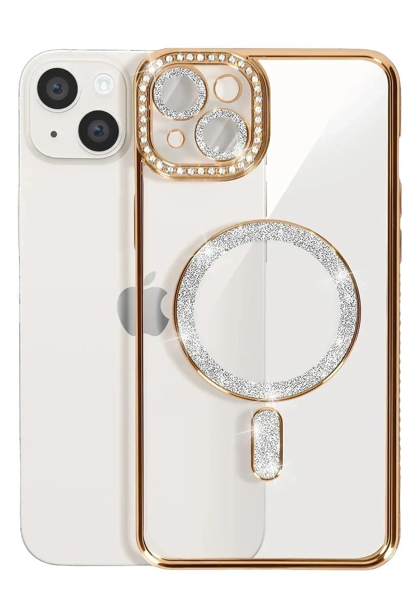 Mey İthalat®   iPhone 15 Kılıf Joke Simli Magneticsafe Kılıf - Gold
