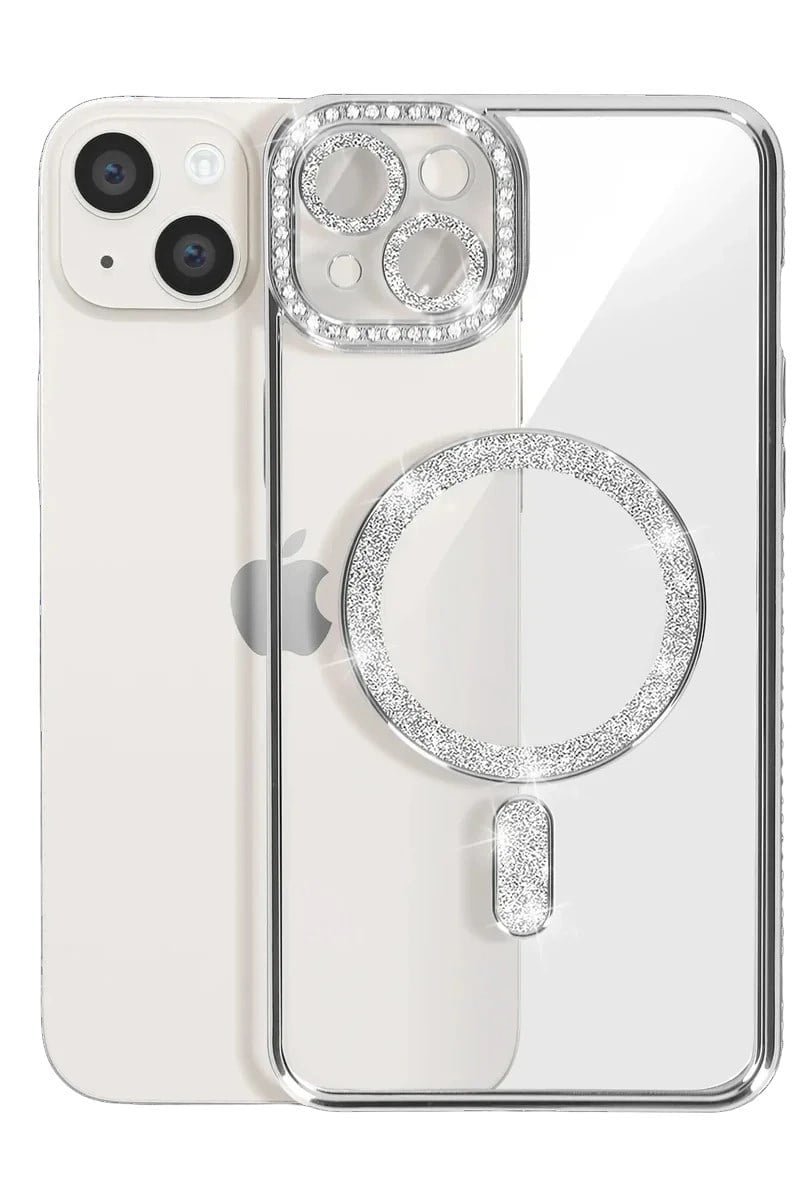 Mey İthalat®   iPhone 15 Kılıf Joke Simli Magneticsafe Kılıf - Gümüş