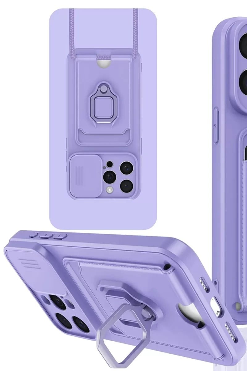 Mey İthalat®   iPhone 15 Pro Kılıf Zuma Kartvizitli Yüzüklü Silikon - Lila