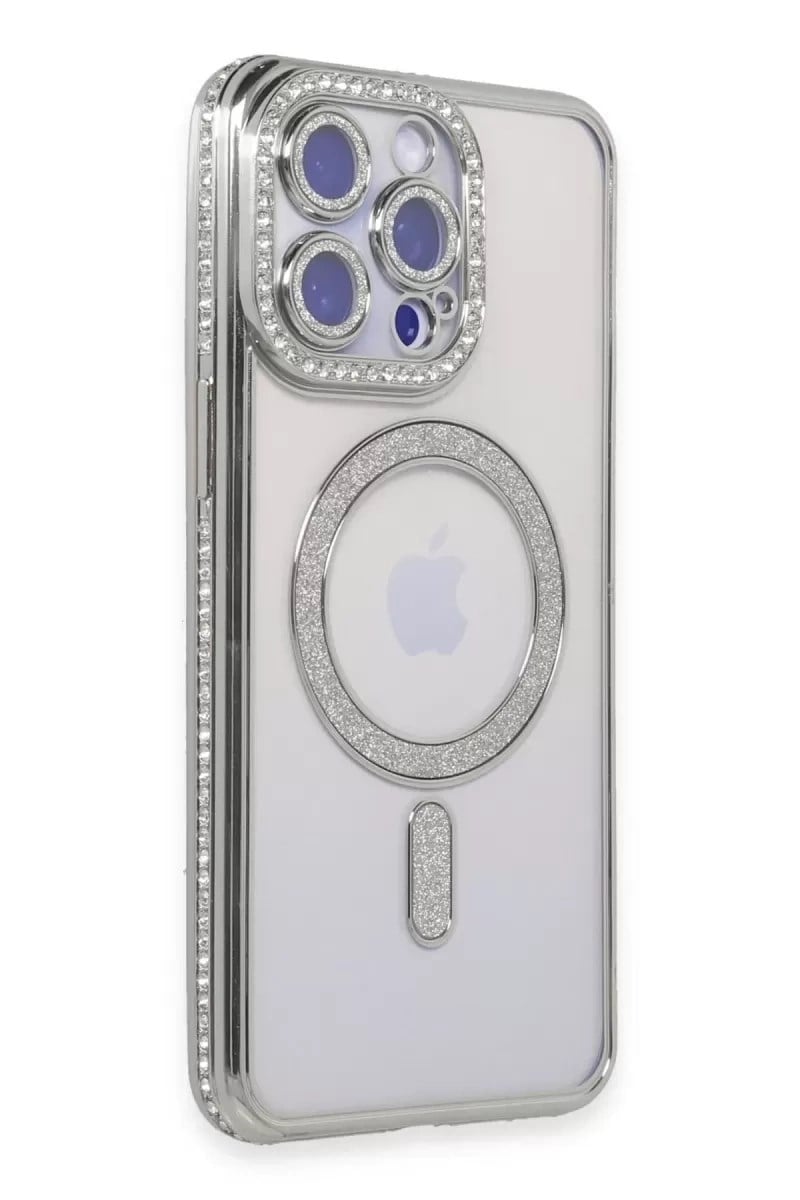 Mey İthalat®   iPhone 15 Pro Max Kılıf Joke Simli Magneticsafe Kılıf - Gümüş