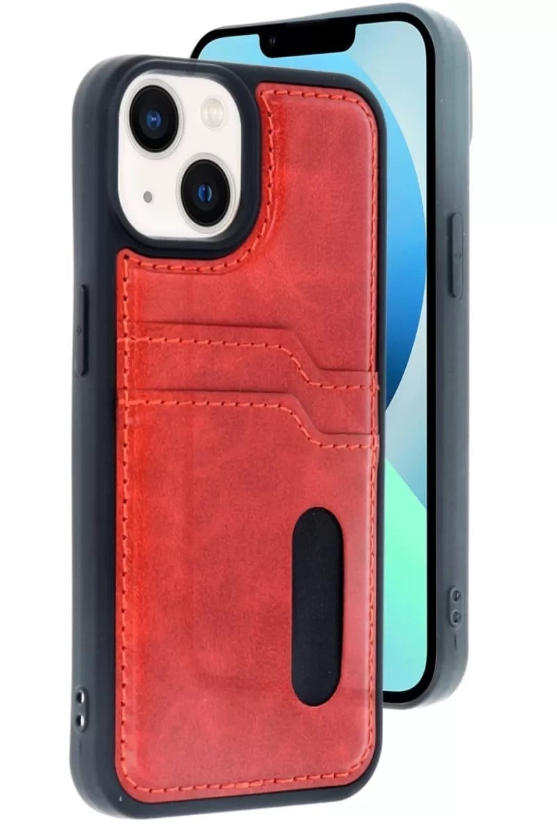 Mey İthalat®   iPhone 15 Sara Kartvizitli Deri Kılıf - Kırmızı