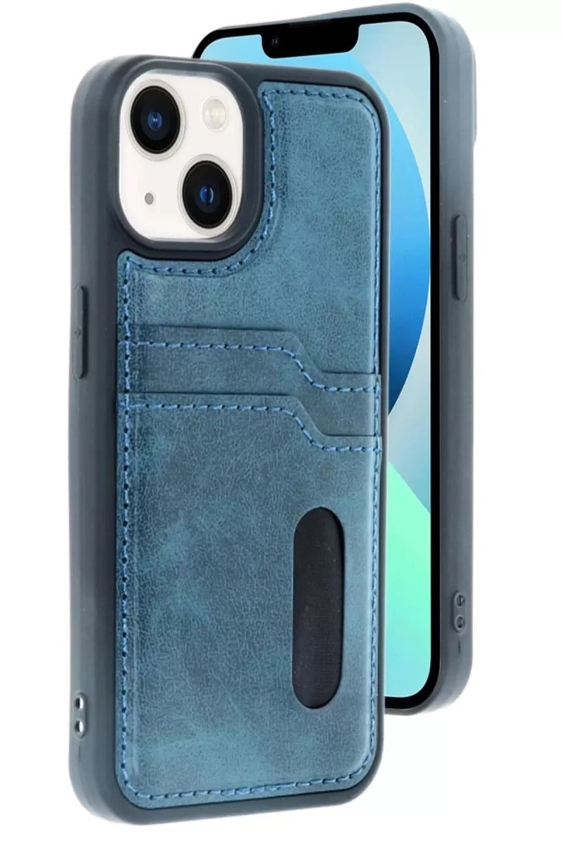 Mey İthalat®   iPhone 15 Sara Kartvizitli Deri Kılıf - Lacivert