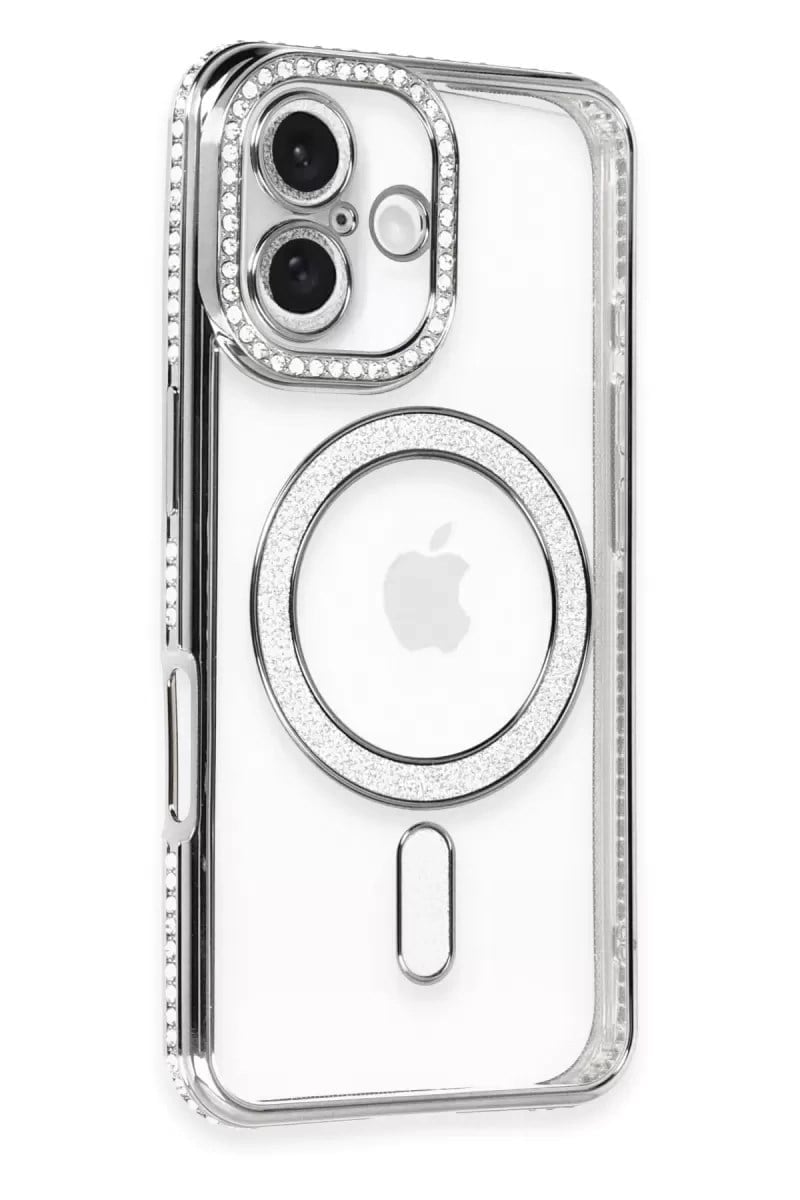 Mey İthalat®   iPhone 16 Kılıf Joke Simli Magneticsafe Kılıf - Gri