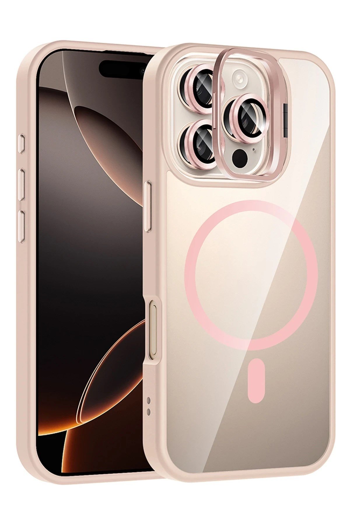 Mey İthalat®   iPhone 16 Pro Remim Lensli Magsafe Standlı Kapak - Pembe