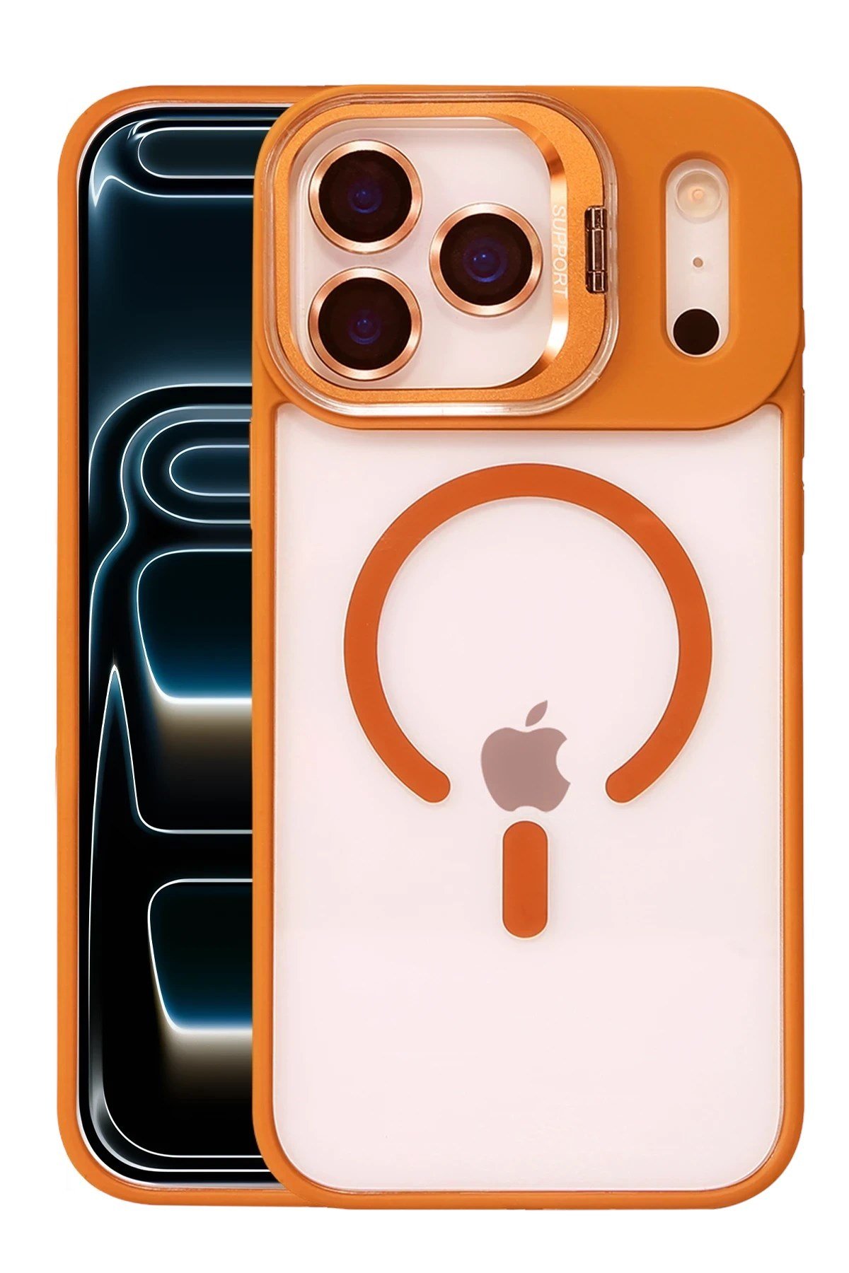 Mey İthalat®   iPhone 17 Pro Max Remim Lensli Magsafe Standlı Kapak - Turuncu