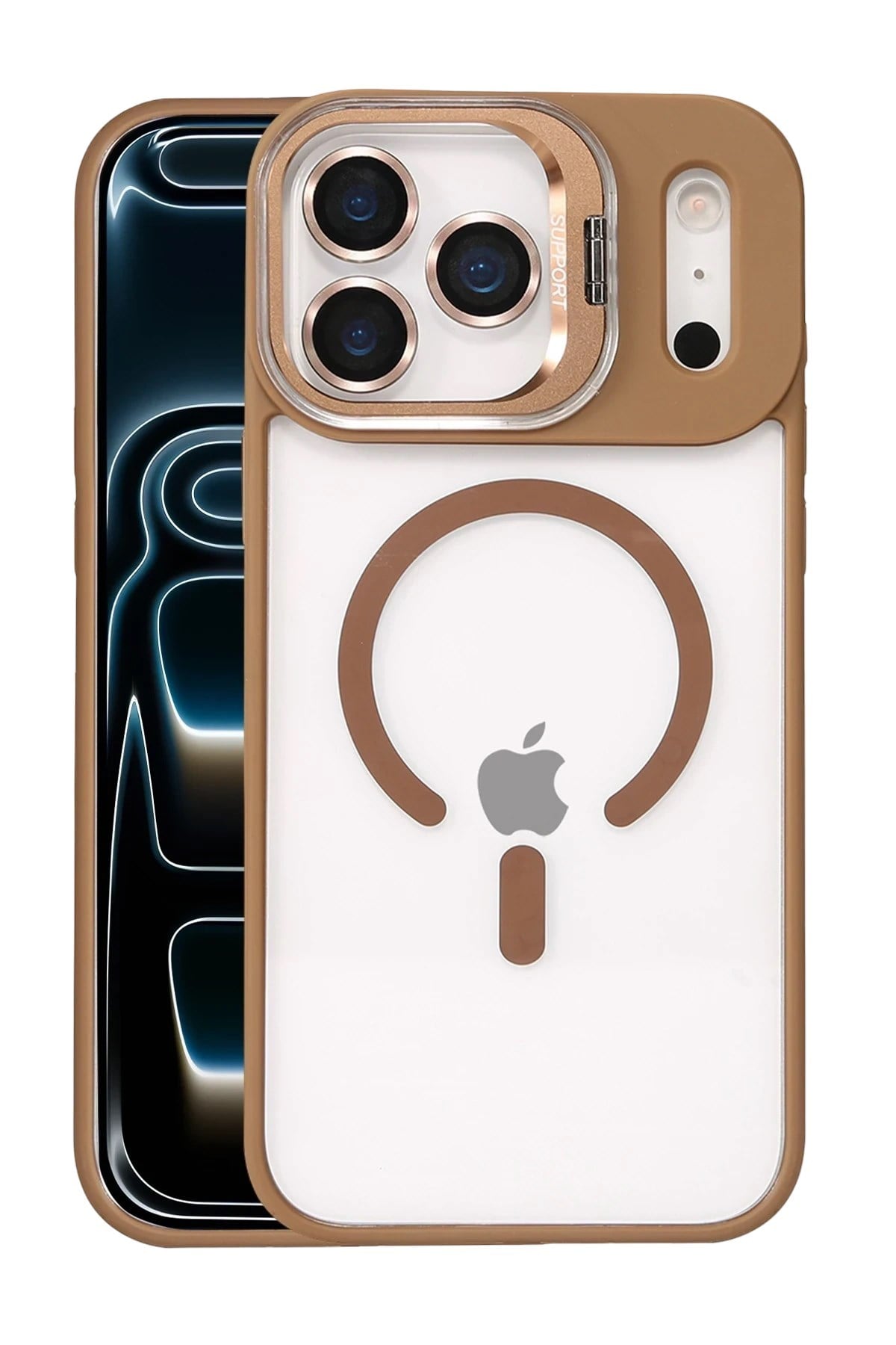 Mey İthalat®   iPhone 17 Pro Max Remim Lensli Magsafe Standlı Kapak - Kahverengi