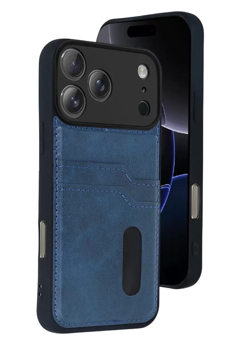 Mey İthalat®   iPhone 17 Pro Max Sara Kartvizitli Deri Kılıf - Lacivert