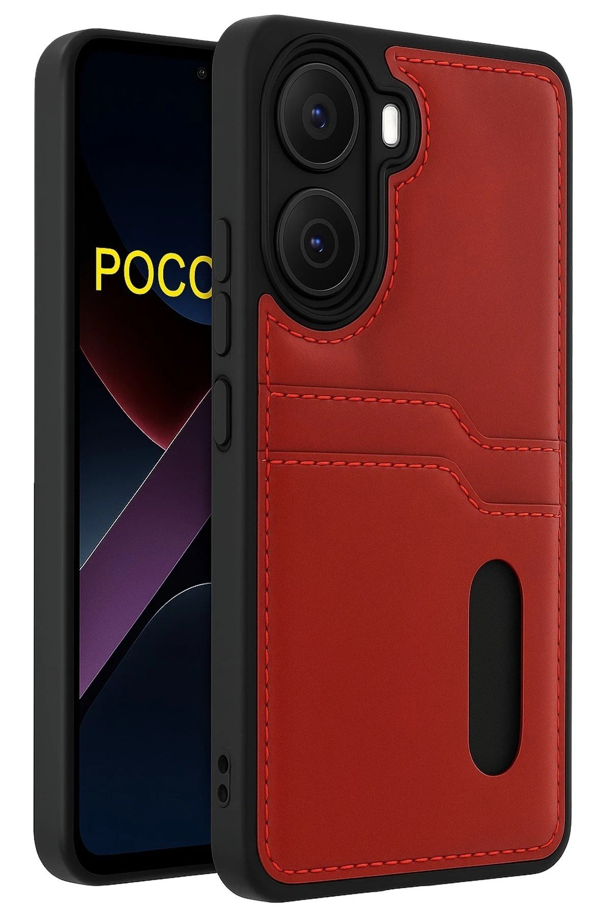 Mey İthalat®   Poco X7 Pro Kılıf Sara Kartvizitli Deri Kılıf - Kırmızı