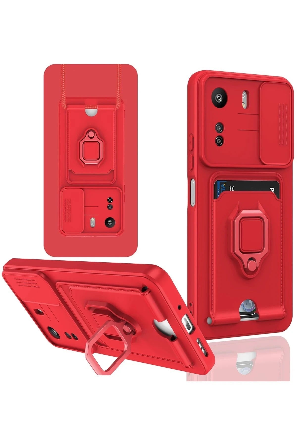 Mey İthalat®   Redmi 13C Kılıf Zuma Kartvizitli Yüzüklü Silikon - Kırmızı
