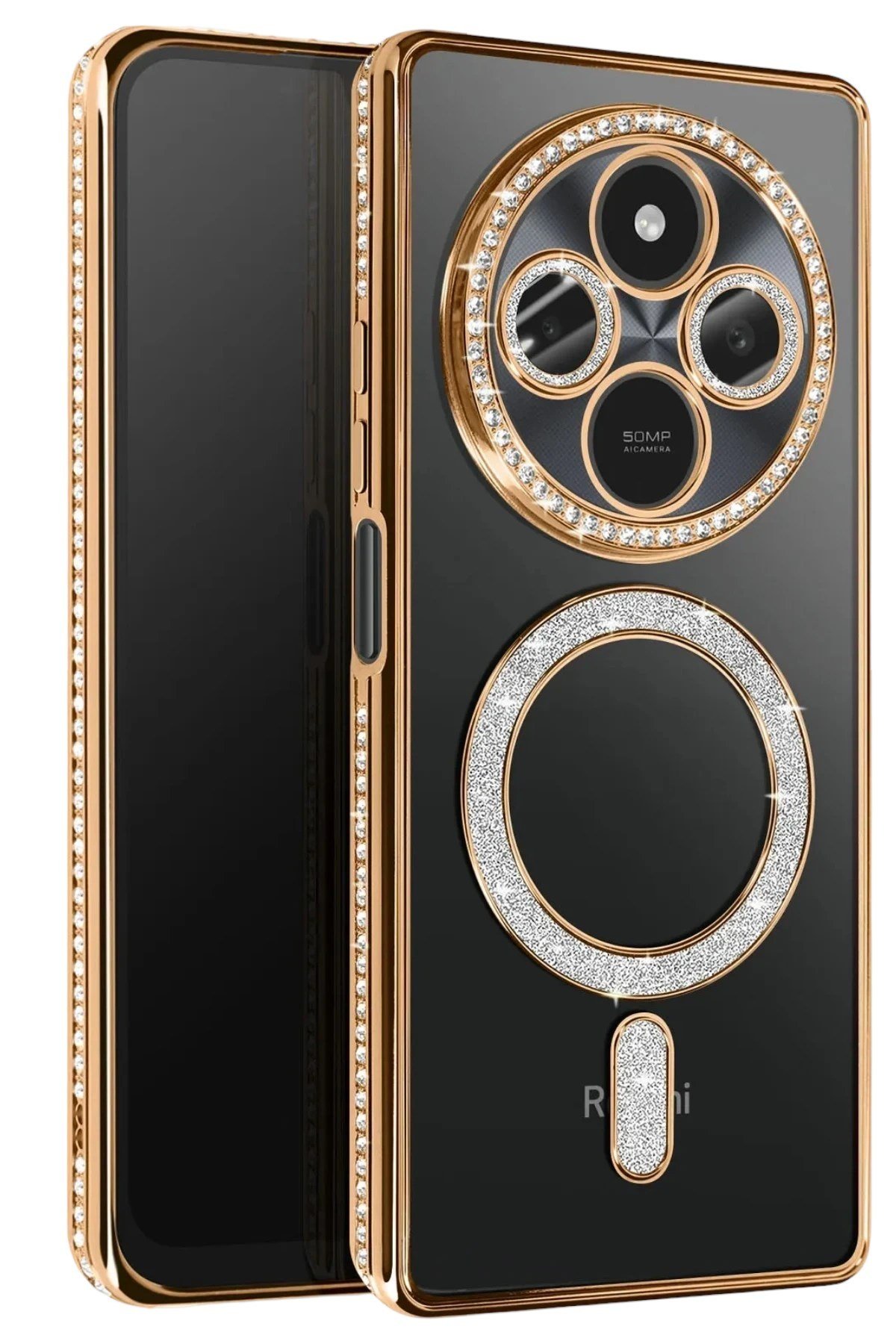 Mey İthalat®   Redmi 14C Joke Simli Magneticsafe Kılıf - Gold