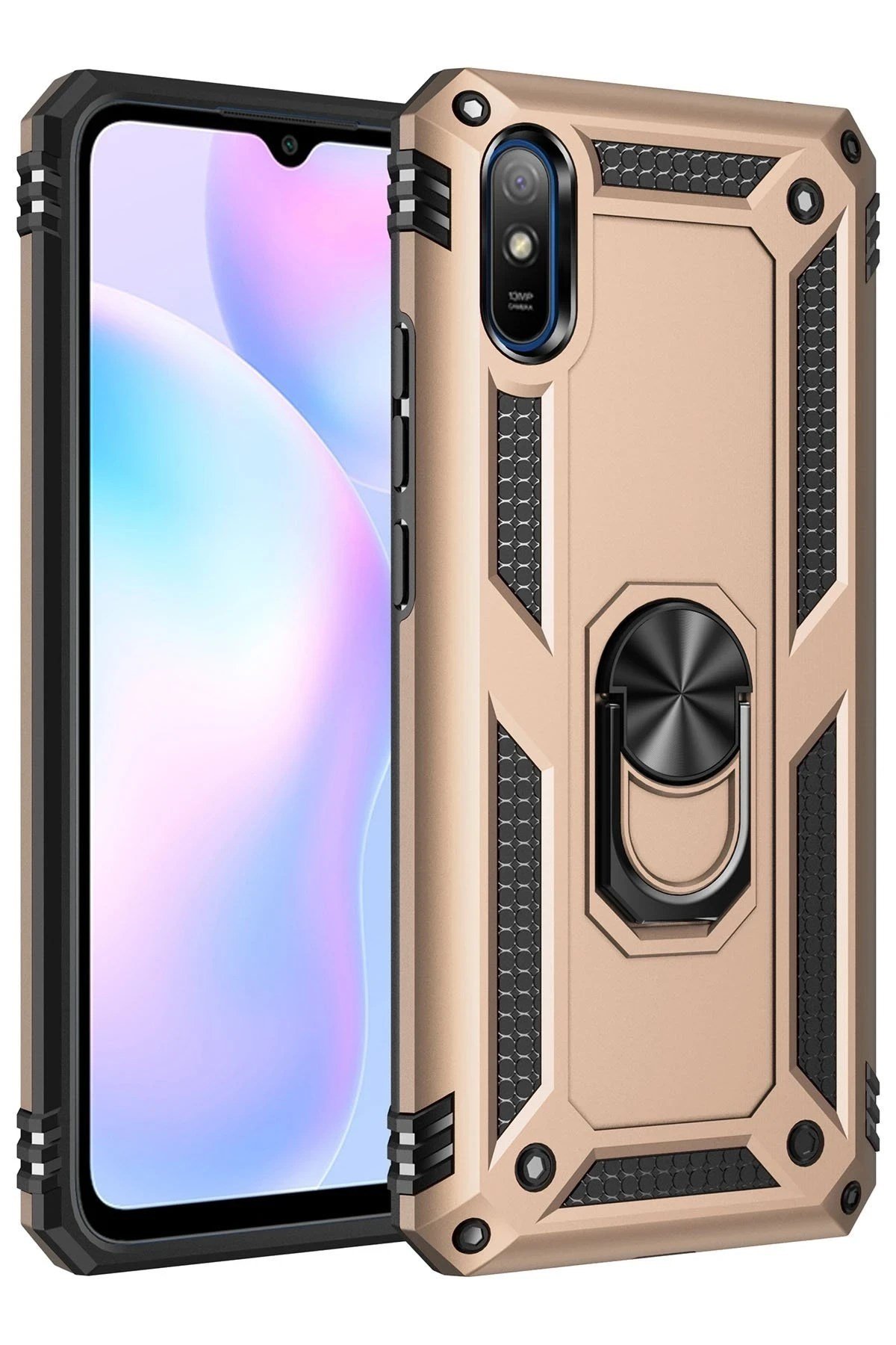 Mey İthalat®   Redmi 9A Kılıf Sofya Yüzüklü Silikon Kapak - Gold