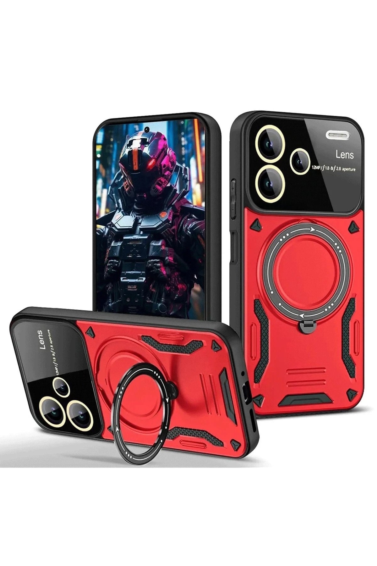 Mey İthalat®   Redmi Note 13 Pro Plus Joy Lens Standlı Kapak - Kırmızı