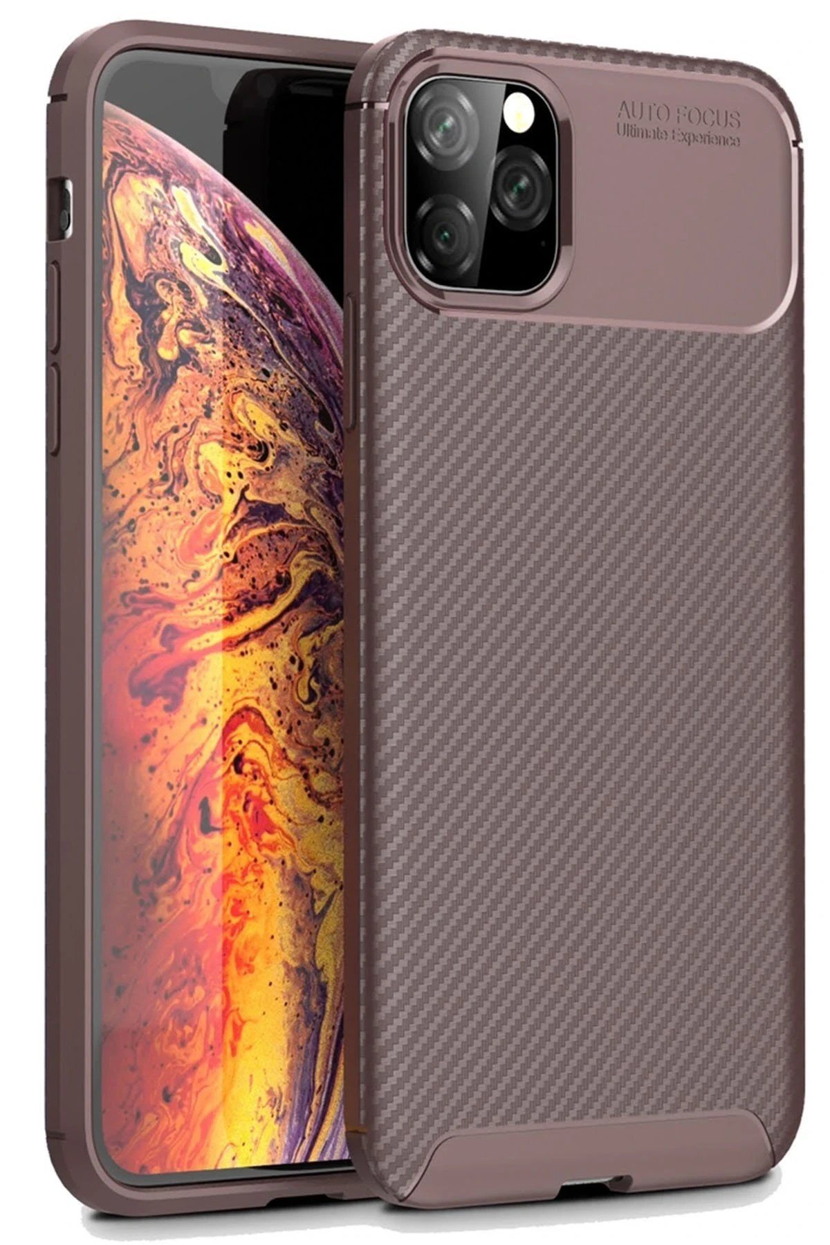 Mey İthalat®  iPhone 11 Pro Max Kılıf Auto Focus Karbon Kapak - Kahverengi