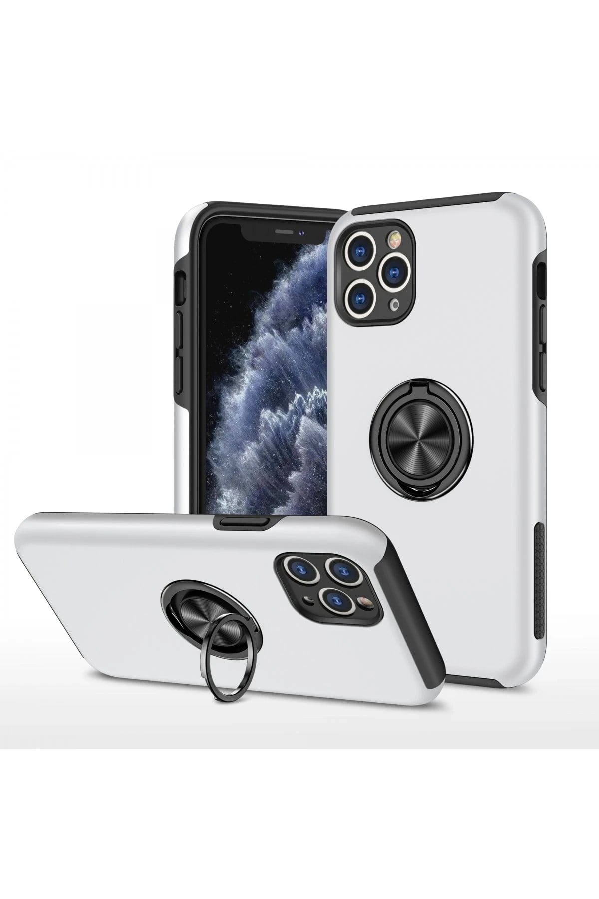 Mey İthalat®  iPhone 11 Pro Max Kılıf Elit Yüzüklü Kapak - Gümüş
