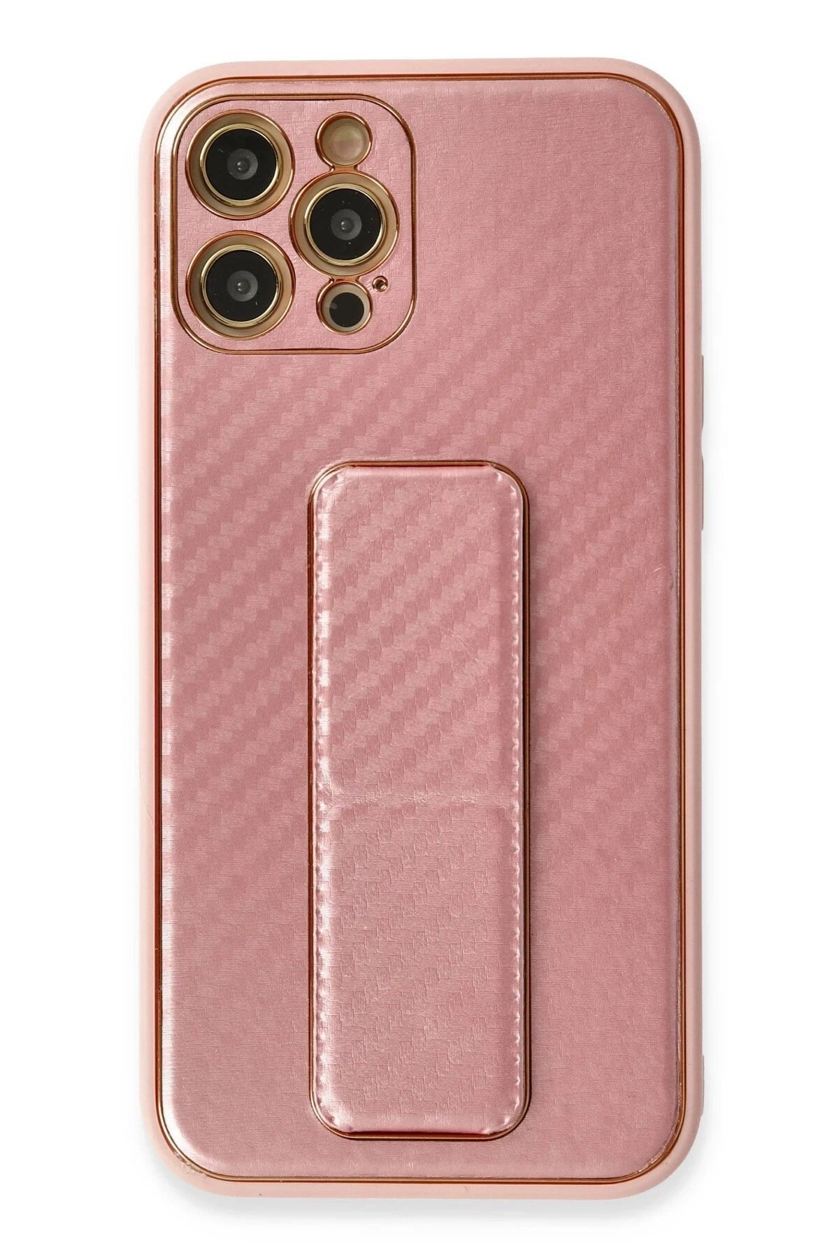 Mey İthalat®  iPhone 12 Pro Kılıf Coco Karbon Standlı Kapak - Pembe