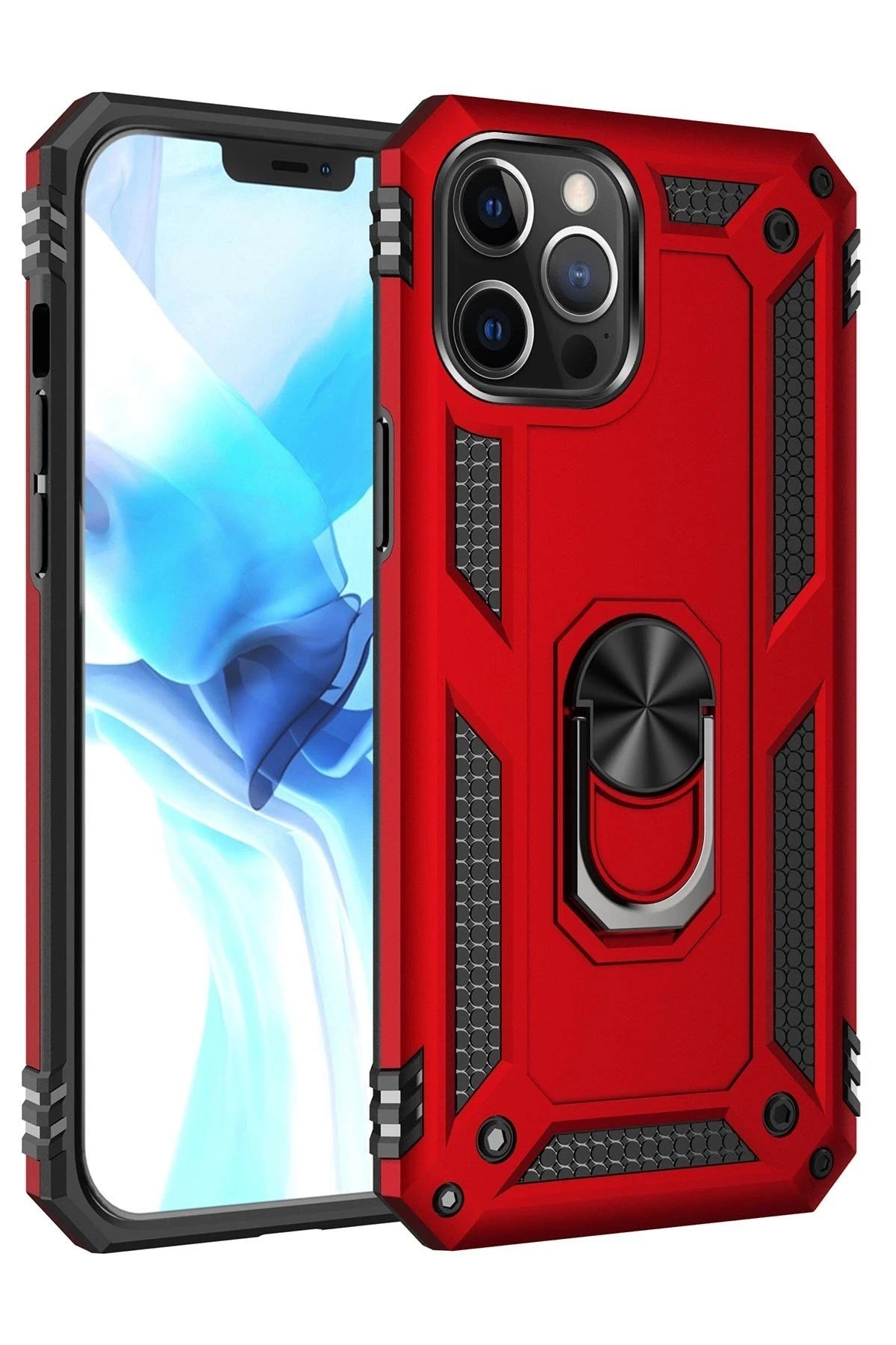 Mey İthalat®  iPhone 12 Pro Max Kılıf Sofya Yüzüklü Silikon Kapak - Kırmızı