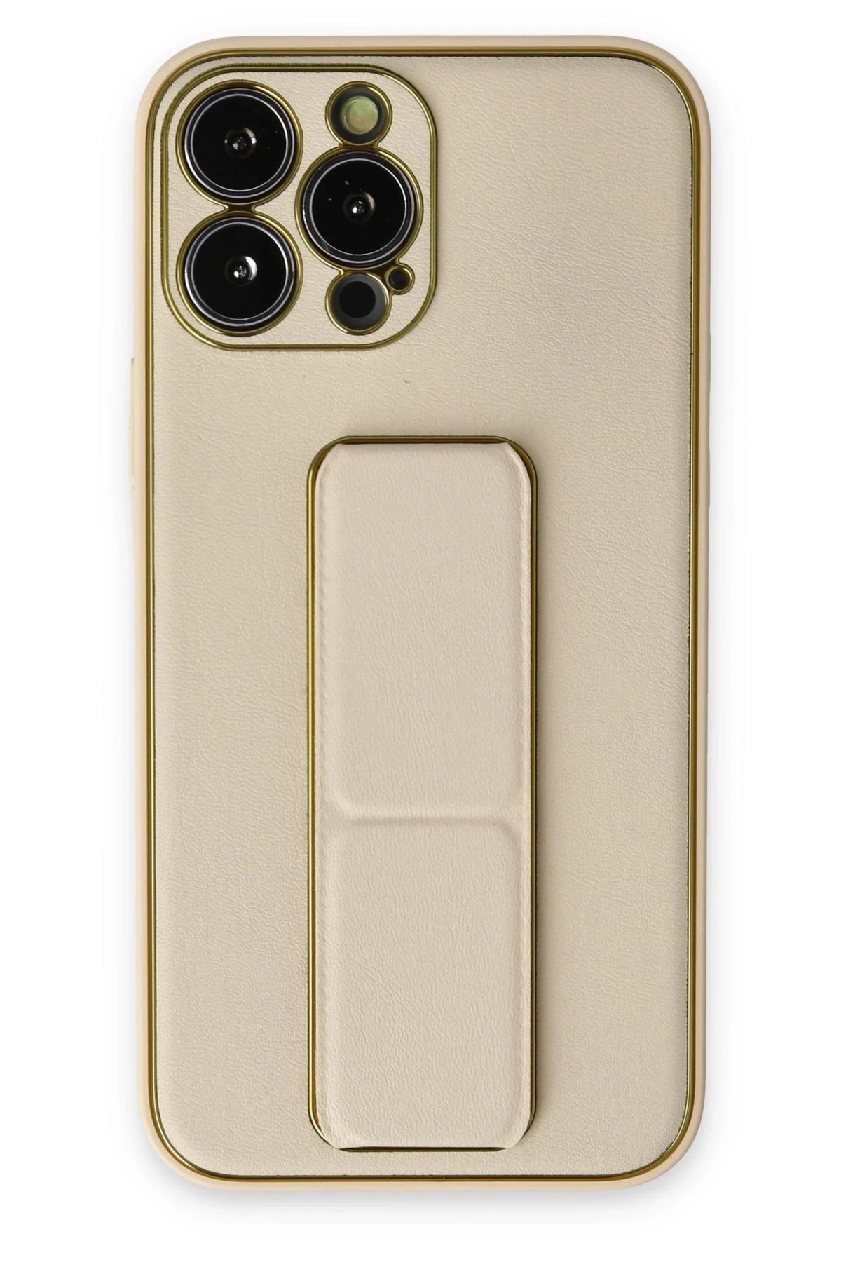 Mey İthalat®  iPhone 13 Pro Kılıf Coco Deri Standlı Kapak - Gold