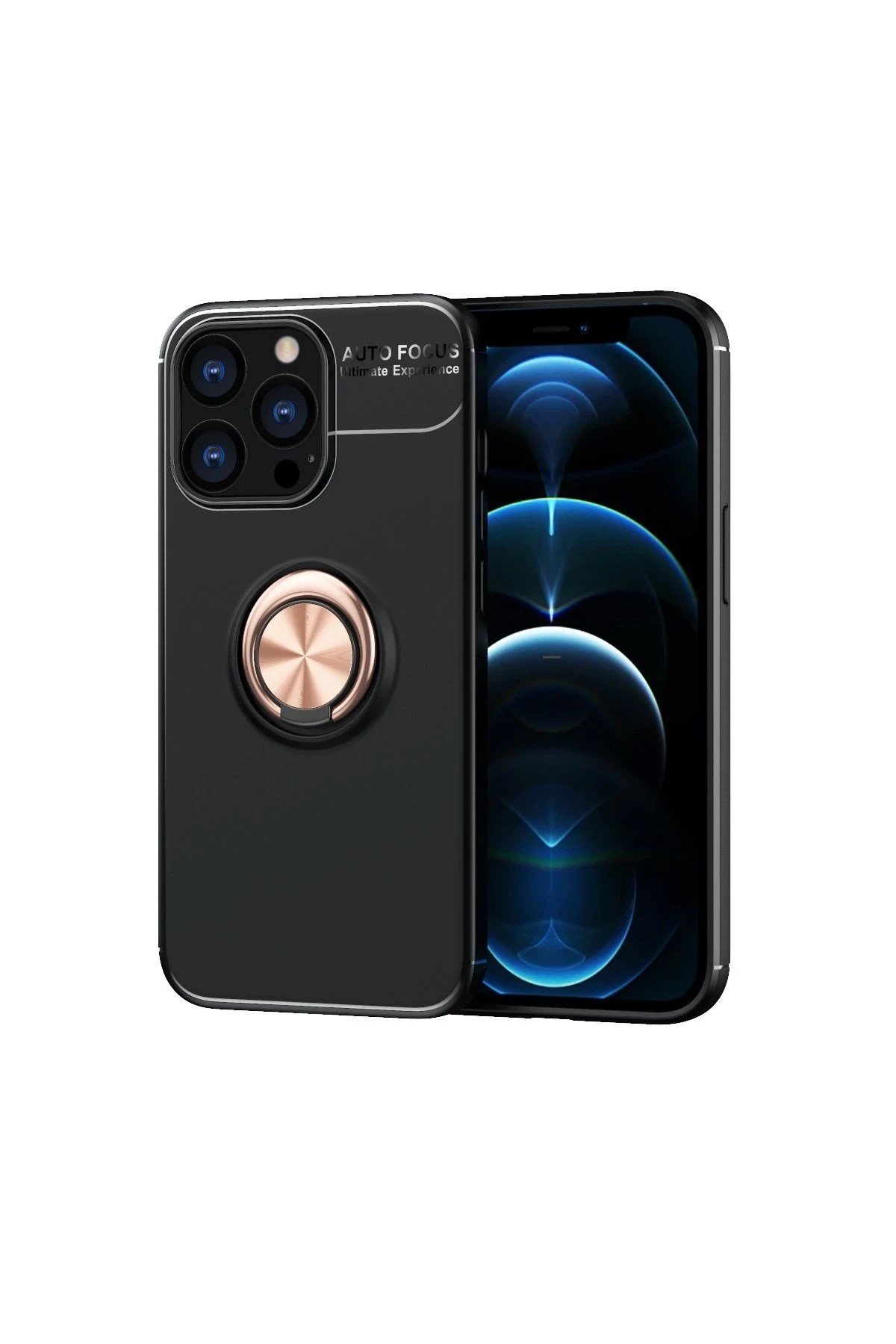 Mey İthalat®  iPhone 13 Pro Kılıf Range Yüzüklü Silikon - Siyah-Gold