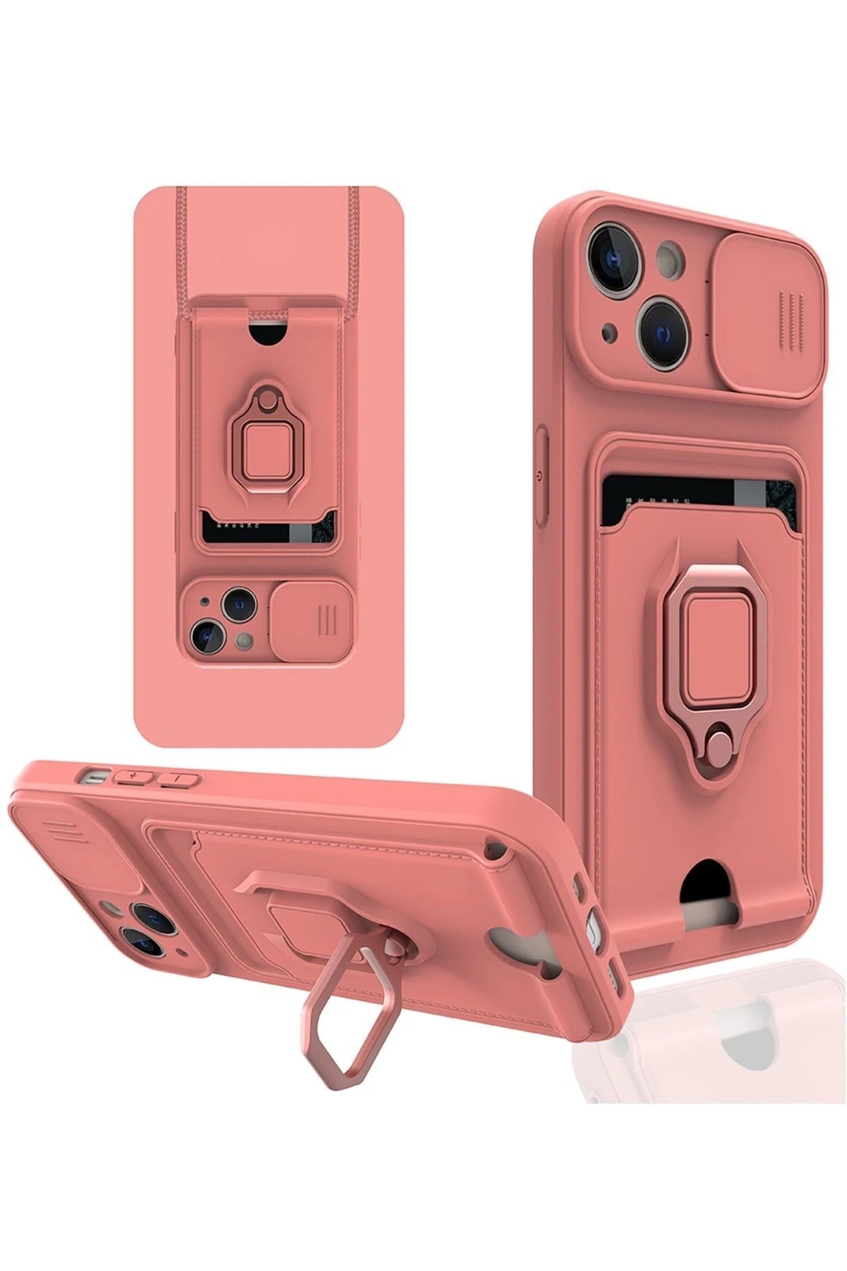 Mey İthalat®  iPhone 14 Kılıf Zuma Kartvizitli Yüzüklü Silikon - Pembe