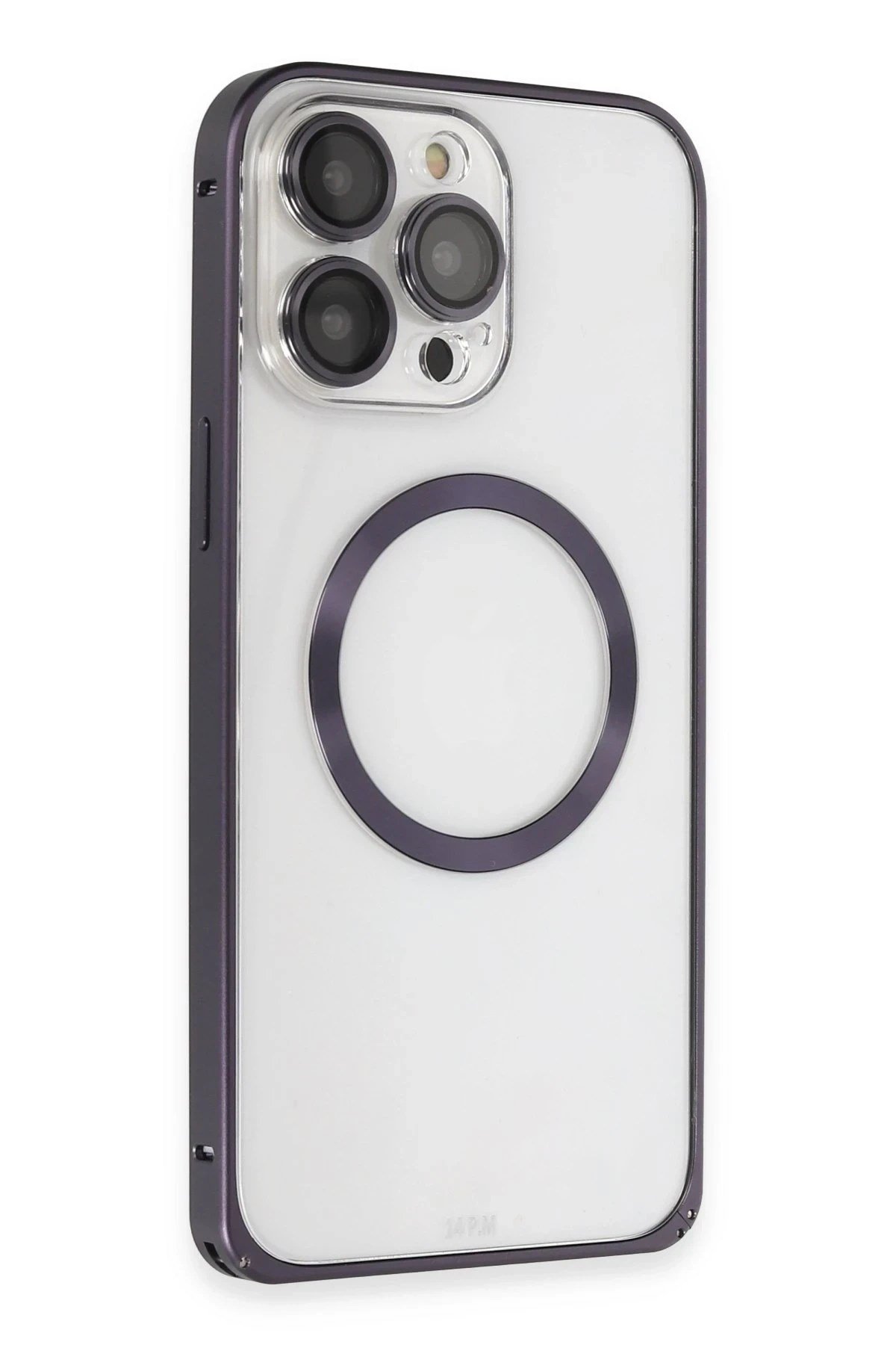 Mey İthalat®  iPhone 14 Pro Kılıf Metal Bumper Magneticsafe Kapak - Derin Mor