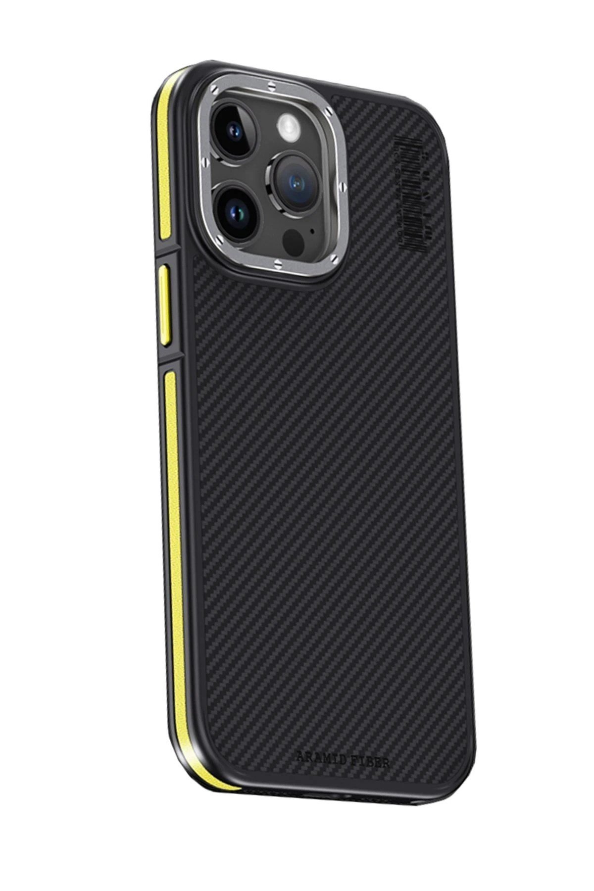 Mey İthalat®  iPhone 15 Pro Kılıf Aramid 600D Kevlar Karbon Fiber Magsafe Kapak - Sarı