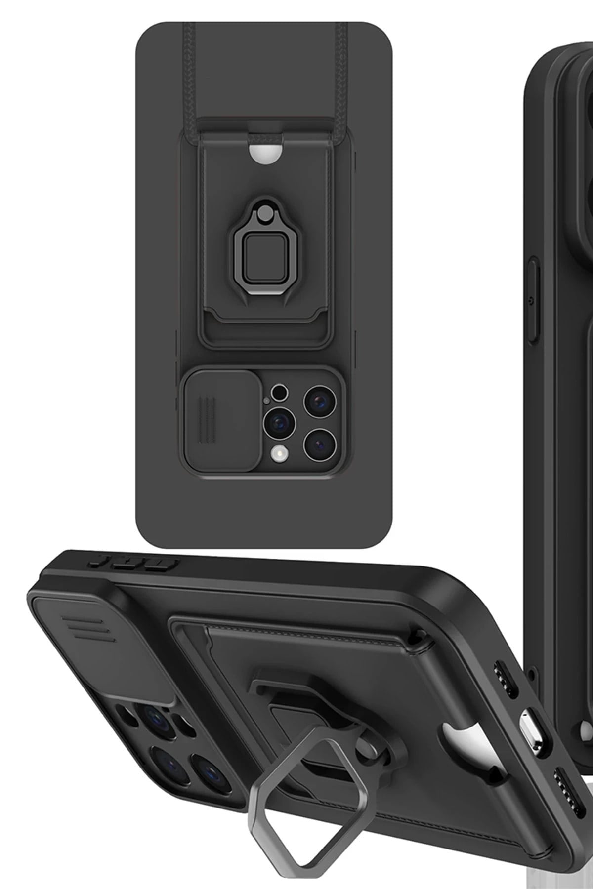 Mey İthalat®  iPhone 15 Pro Kılıf Zuma Kartvizitli Yüzüklü Silikon - Siyah