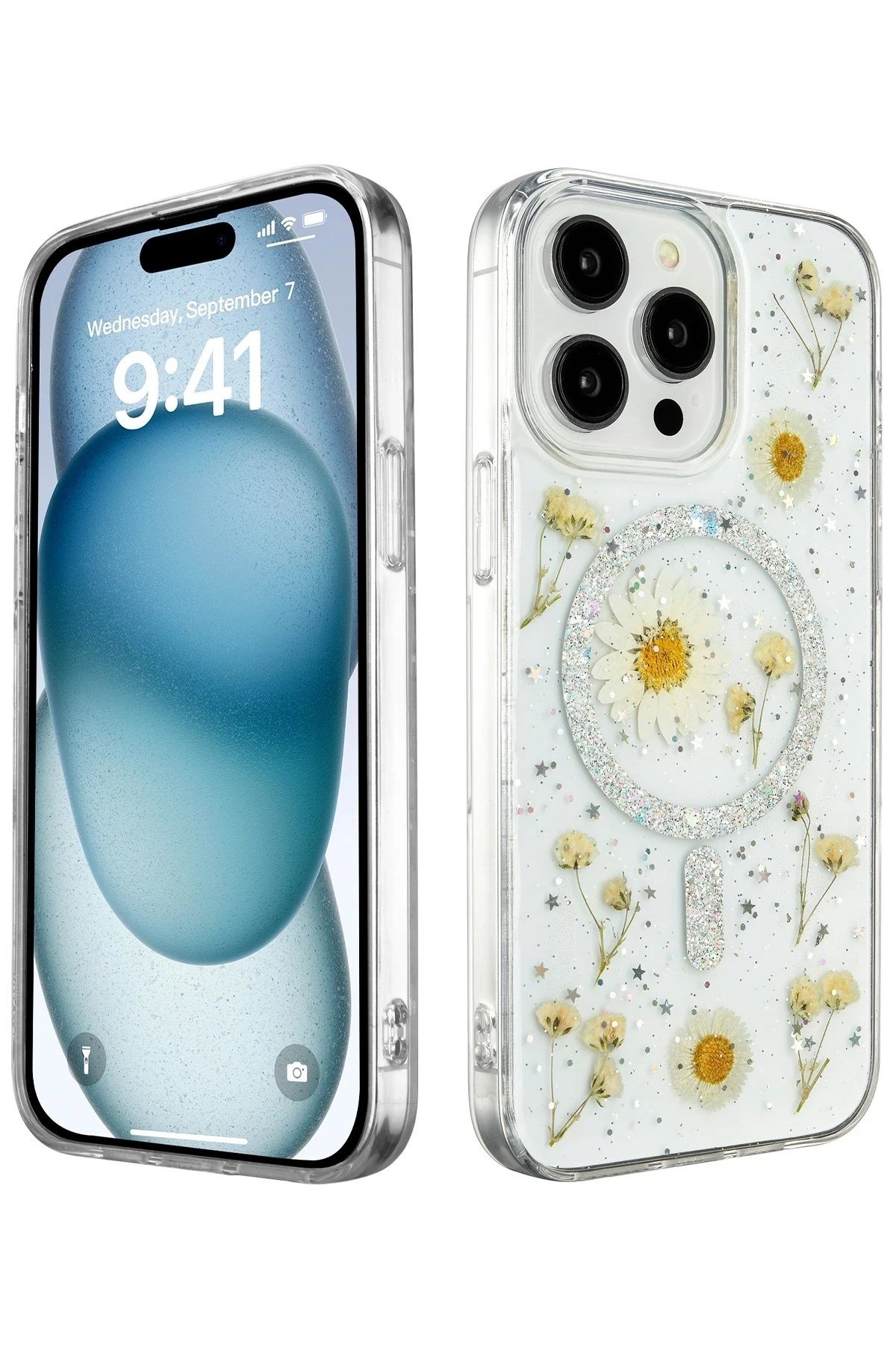 Mey İthalat®  iPhone 15 Pro Max Kılıf Daisy Simli Magsafe Kapak - Gümüş