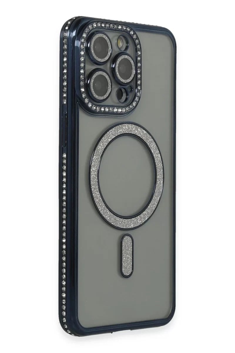 Mey İthalat®  iPhone 15 Pro Max Kılıf Joke Simli Magneticsafe Kılıf - Lacivert