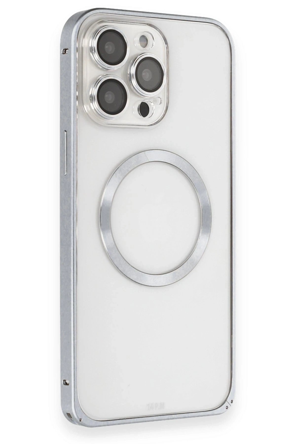 Mey İthalat®  iPhone 15 Pro Max Kılıf Metal Bumper Magneticsafe Kapak - Gri