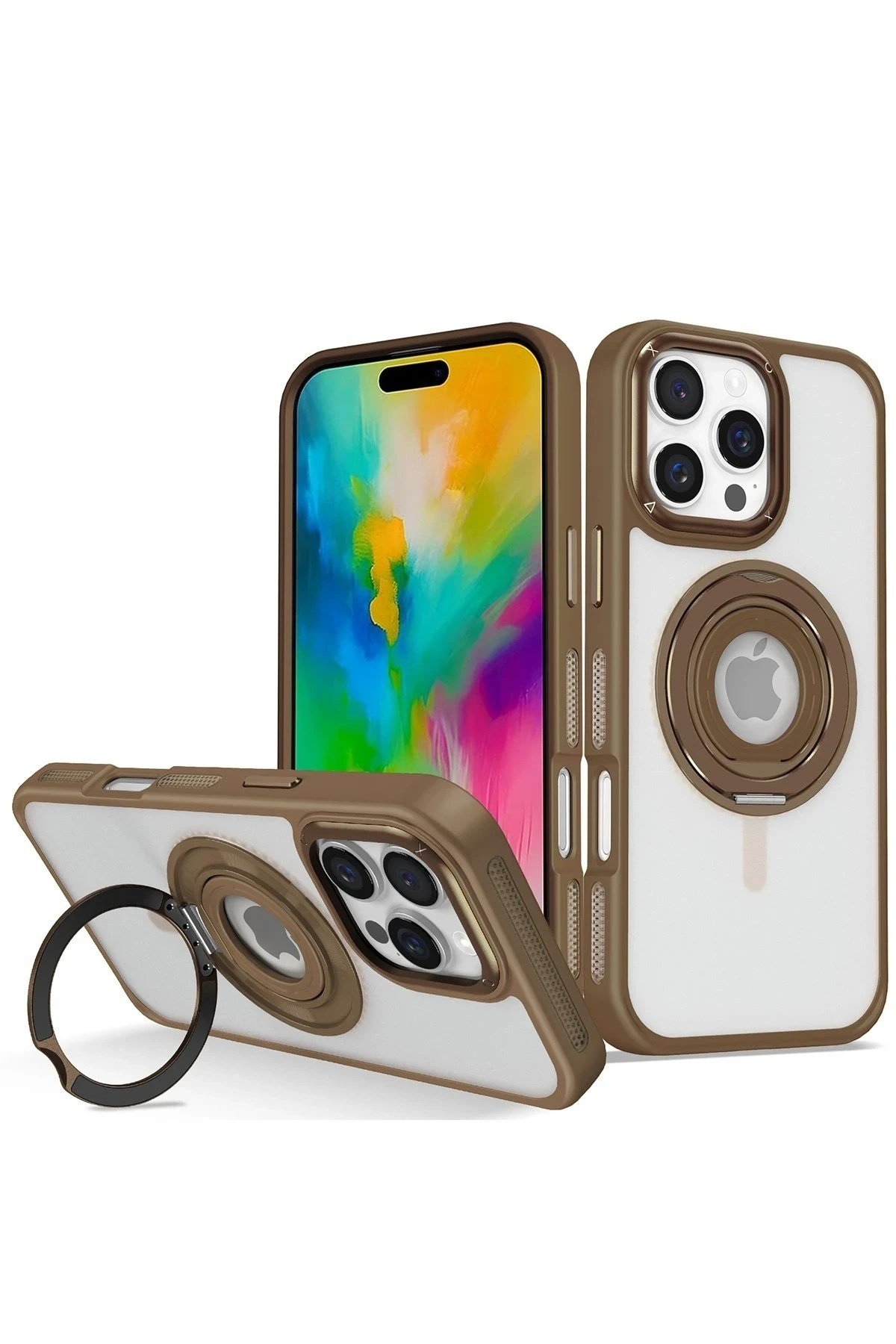 Mey İthalat®  iPhone 16 Pro Banza Magsafe Standlı Kapak - Kahverengi
