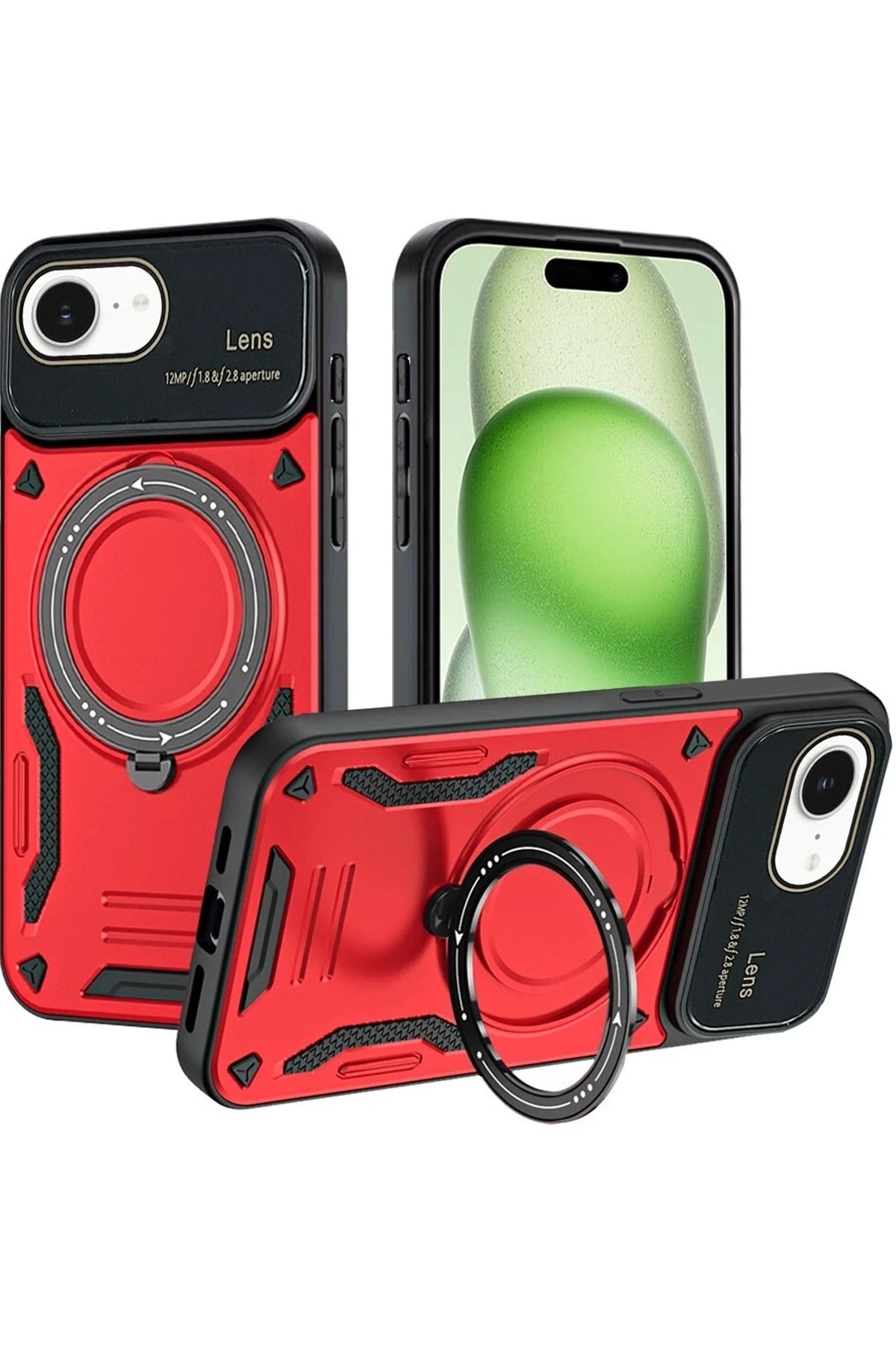 Mey İthalat®  iPhone 16E Kılıf Joy Lens Standlı Kapak - Kırmızı