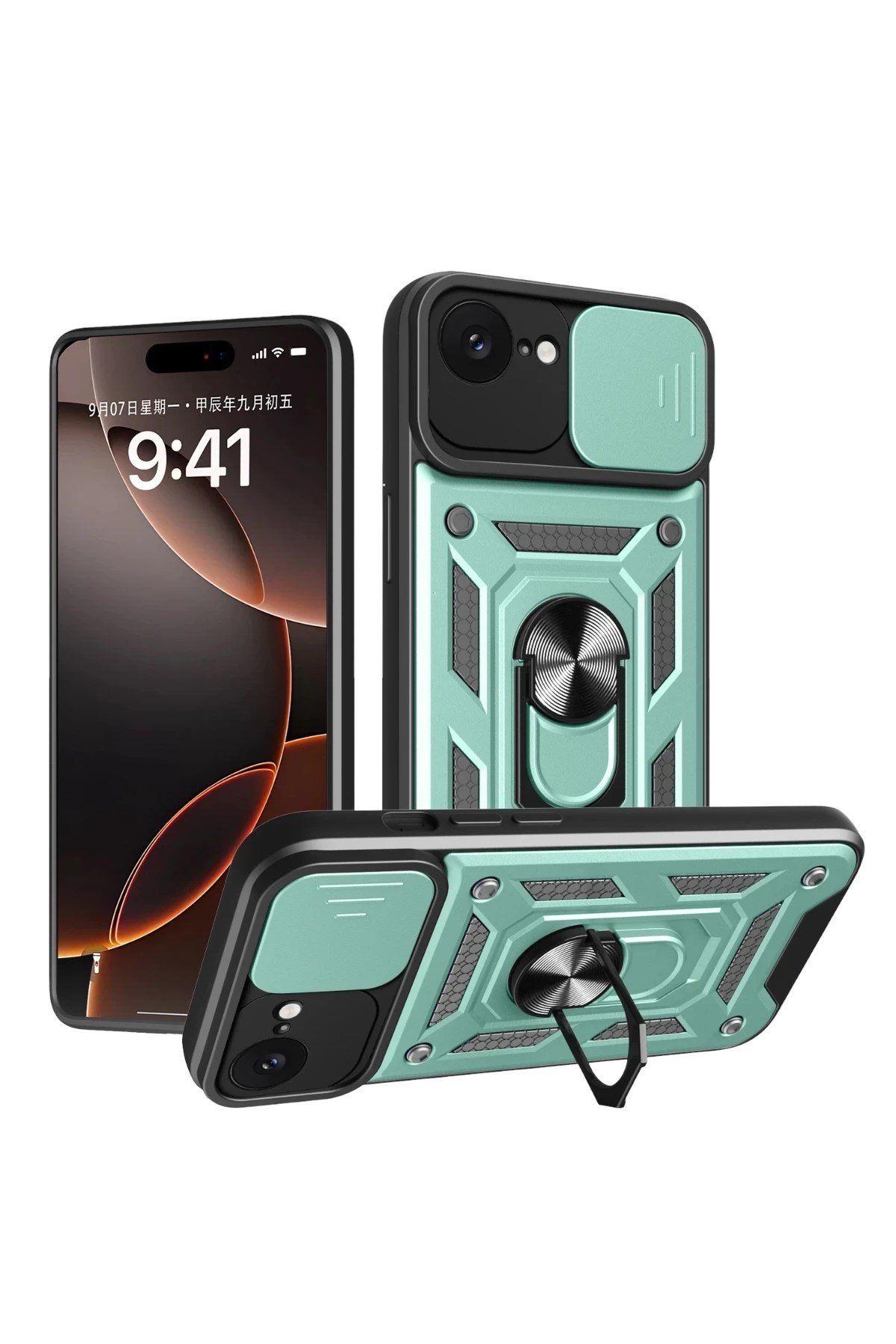Mey İthalat®  iPhone 16E Kılıf Pars Lens Yüzüklü Silikon - Yeşil