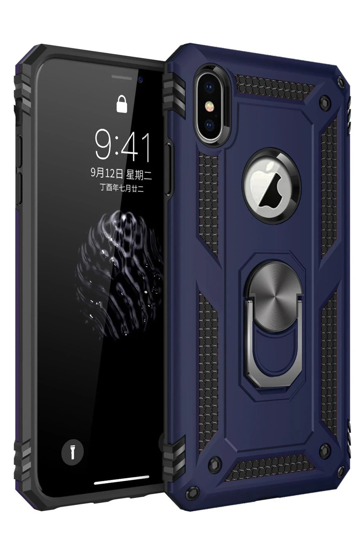 Mey İthalat®  iPhone X Kılıf Sofya Yüzüklü Silikon Kapak - Lacivert