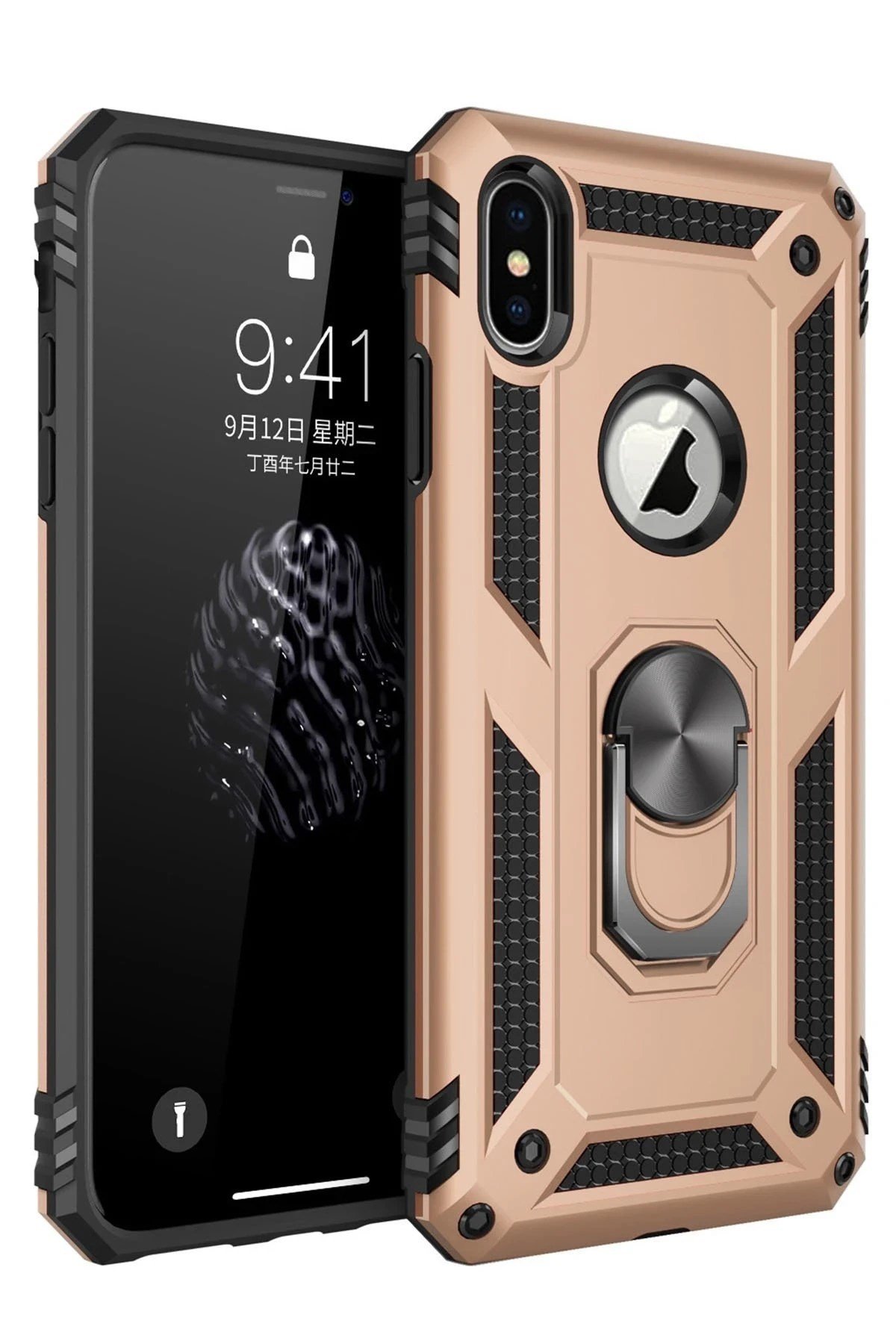 Mey İthalat®  iPhone X Kılıf Sofya Yüzüklü Silikon Kapak - Gold