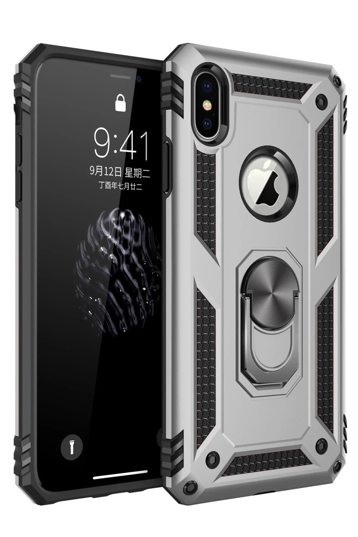 Mey İthalat®  iPhone X Kılıf Sofya Yüzüklü Silikon Kapak - Gümüş