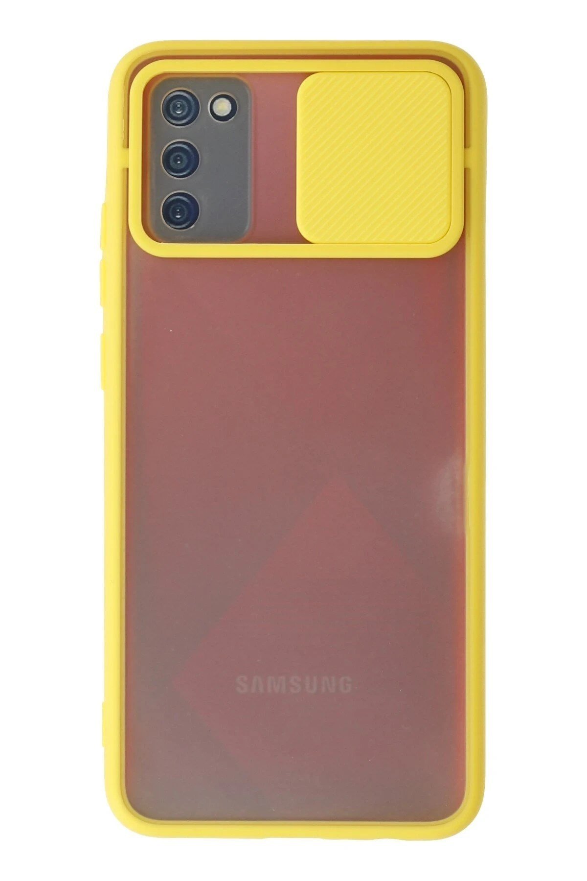 Mey İthalat®  Samsung Galaxy A02S Kılıf Palm Buzlu Kamera Sürgülü Silikon - Sarı