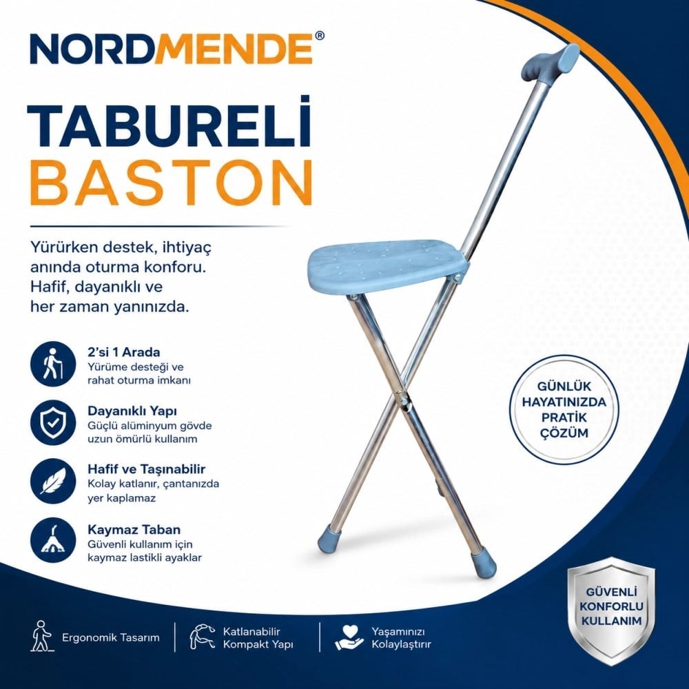 Mey İthalat®  Tabureli Baston Oturaklı Katlanabilir Yürüyüş Bastonu Taşınabilir Baston Sandalye