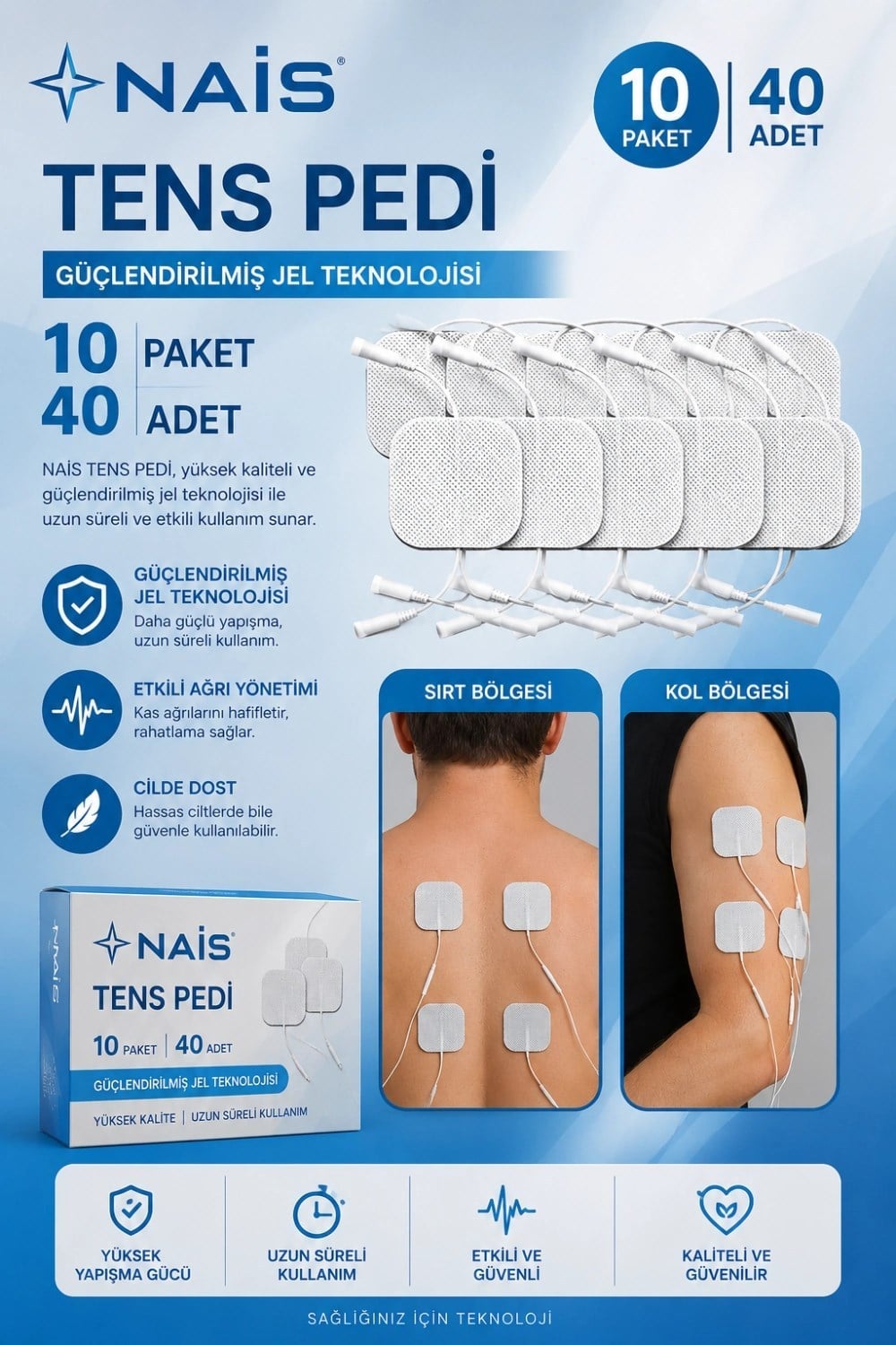 Mey İthalat® 10 Paket, 40 Adet NAİS GOLD Tens Elektrod Pedi 5x5 cm Extra Güçlendirilmiş Yapışkanlı Kumaş, TENS Pedi Elektrot – Cilt Dostu Jel – Yüksek