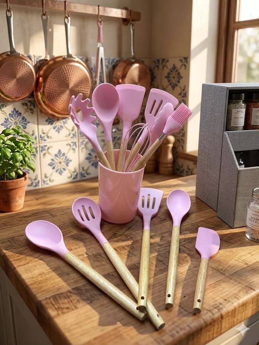 Mey İthalat® 12 Parça Bambu Saplı Silikon Mutfak Gereçleri Seti - Pembe Mutfak Servis Seti