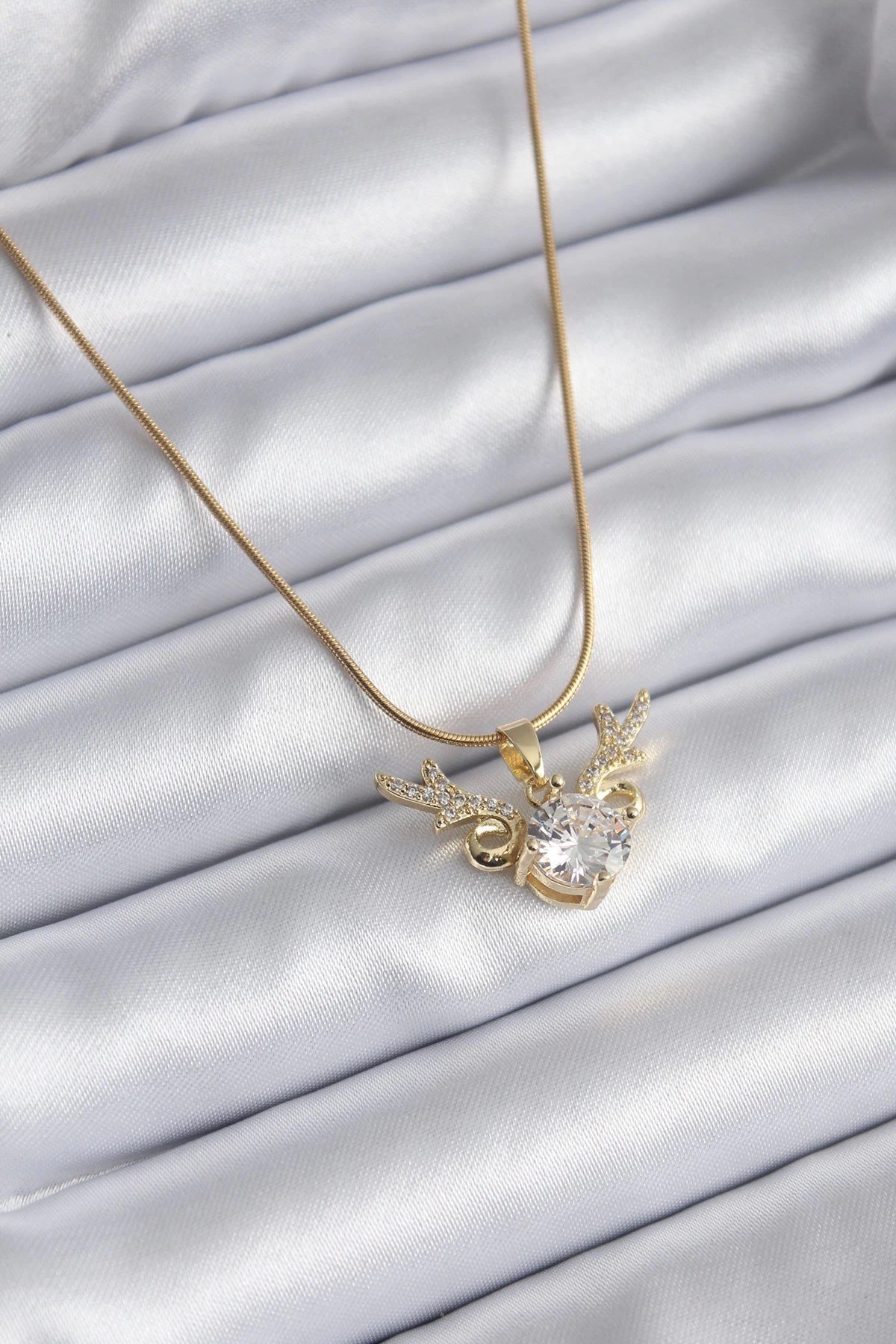 Mey İthalat® 316L Çelik Gold Renk Zirkon Taşlı Boynuz Model Kadın Kolye
