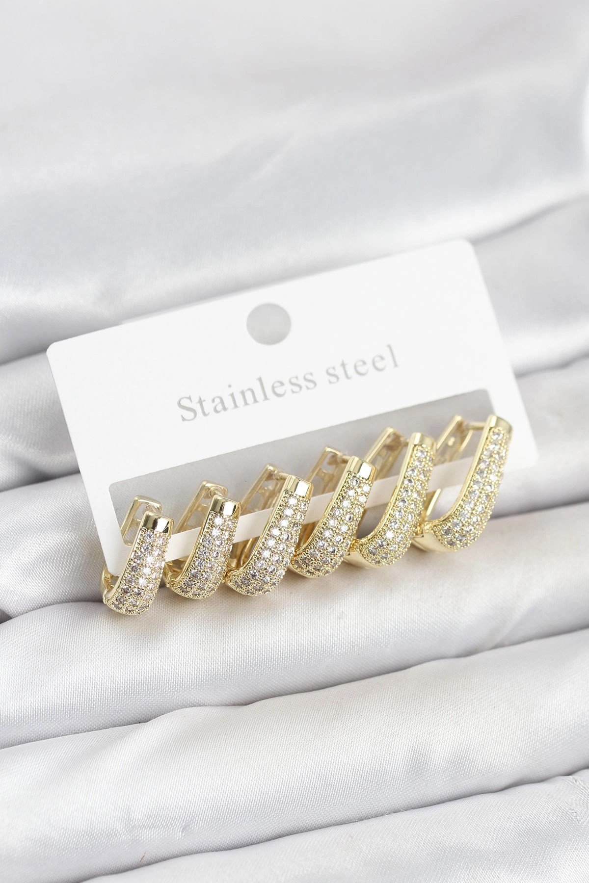 Mey İthalat® 316L Çelik Gold Renk Zirkon Taşlı Damla Halka Küpe Seti
