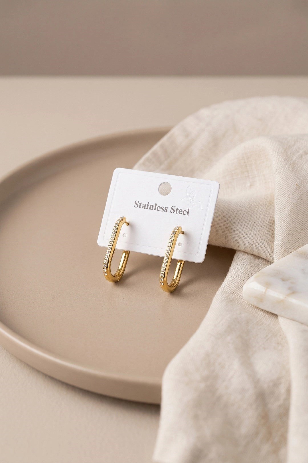 Mey İthalat® 316L Çelik Gold Renk Zirkon Taşlı Kare Halka Küpe