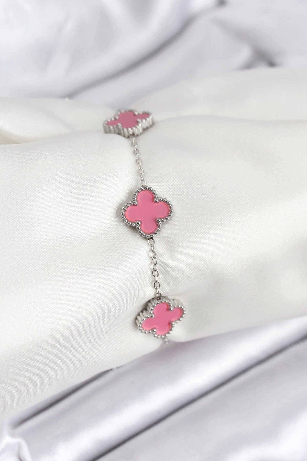 Mey İthalat® 316L Çelik Gümüş Zincir Pembe Renk Yonca Bileklik