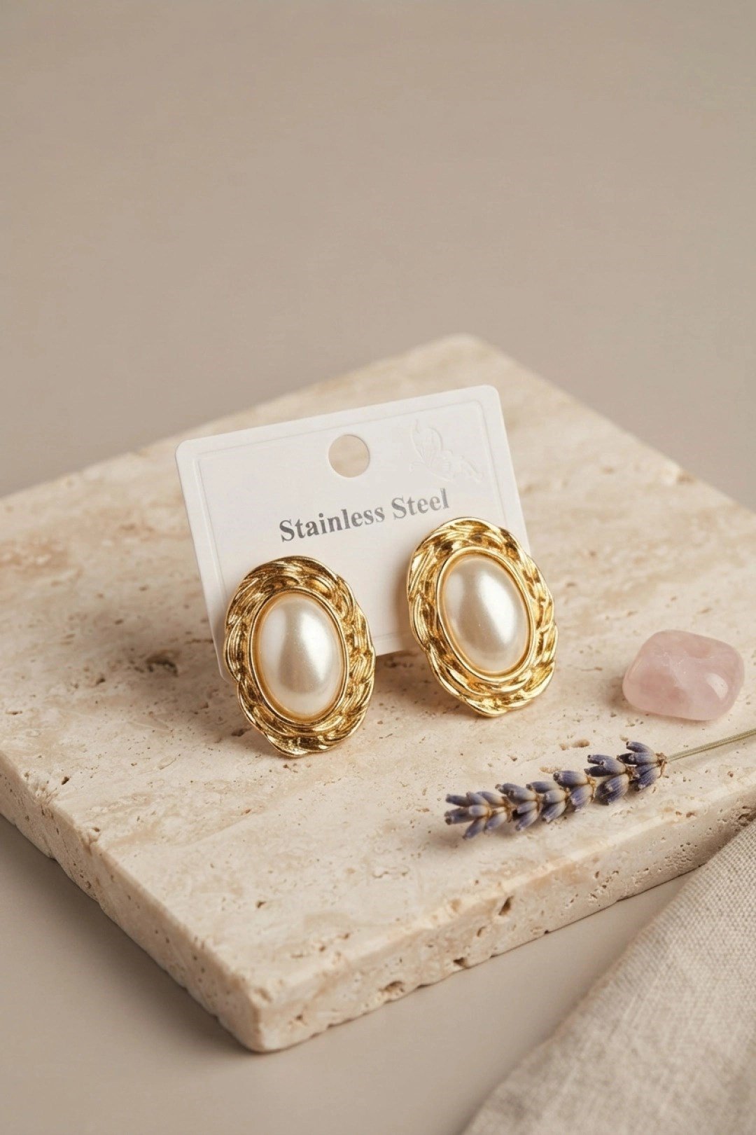 Mey İthalat® 316L Gold Renk Gold Renk Vintage Beyaz İncili Model Küpe