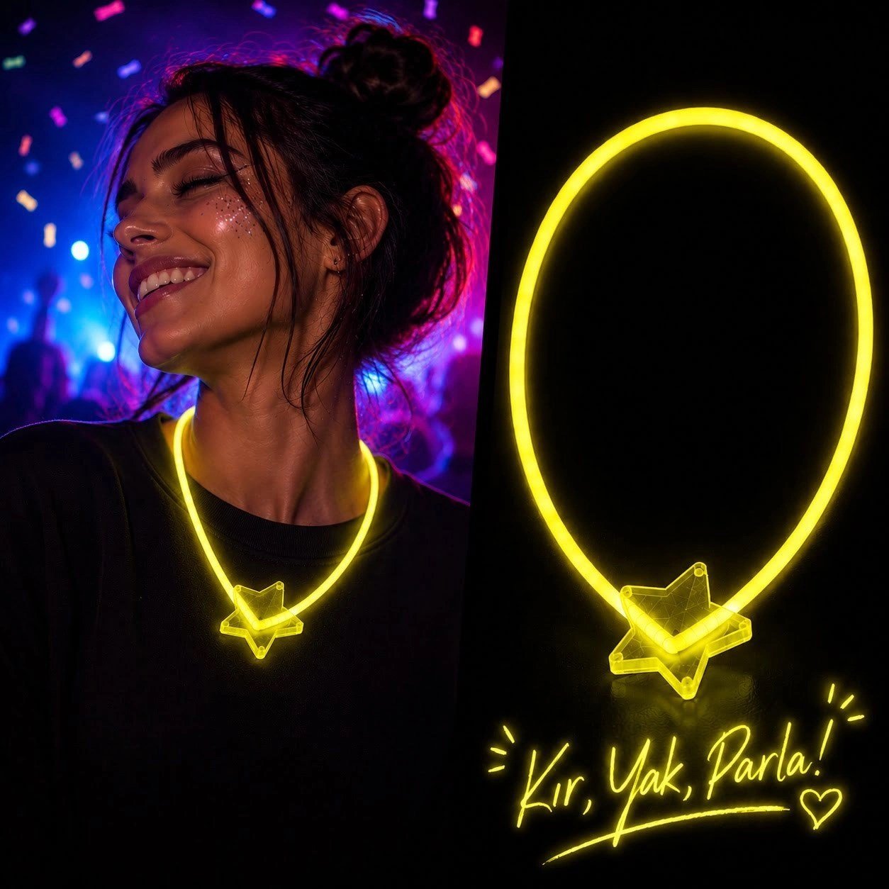 Mey İthalat® Fosforlu Yıldız Parti Kolyesi – Neon Işıklı Kolye Sarı Renk